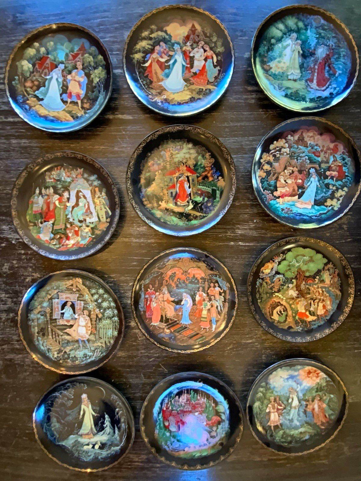 PALEKH Vintage set of 12 Fairy Tale Scene Porcelain Decorative Mini Plates PALEKH Vintage set of 12 Fairy Tale Scene Porcelain Decorative Mini Plates