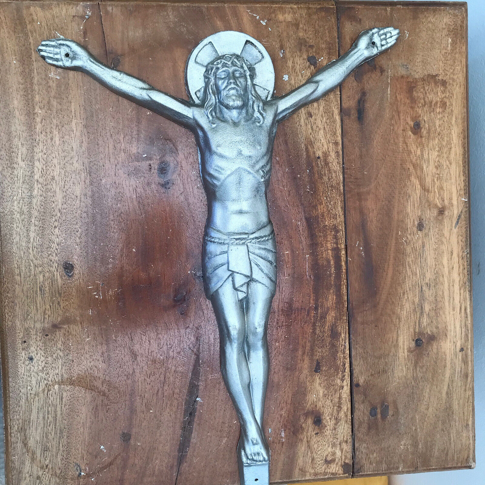 Antique French Christ Corpus Christi Art Deco 11.5” Crucifix Metal Cross Silver