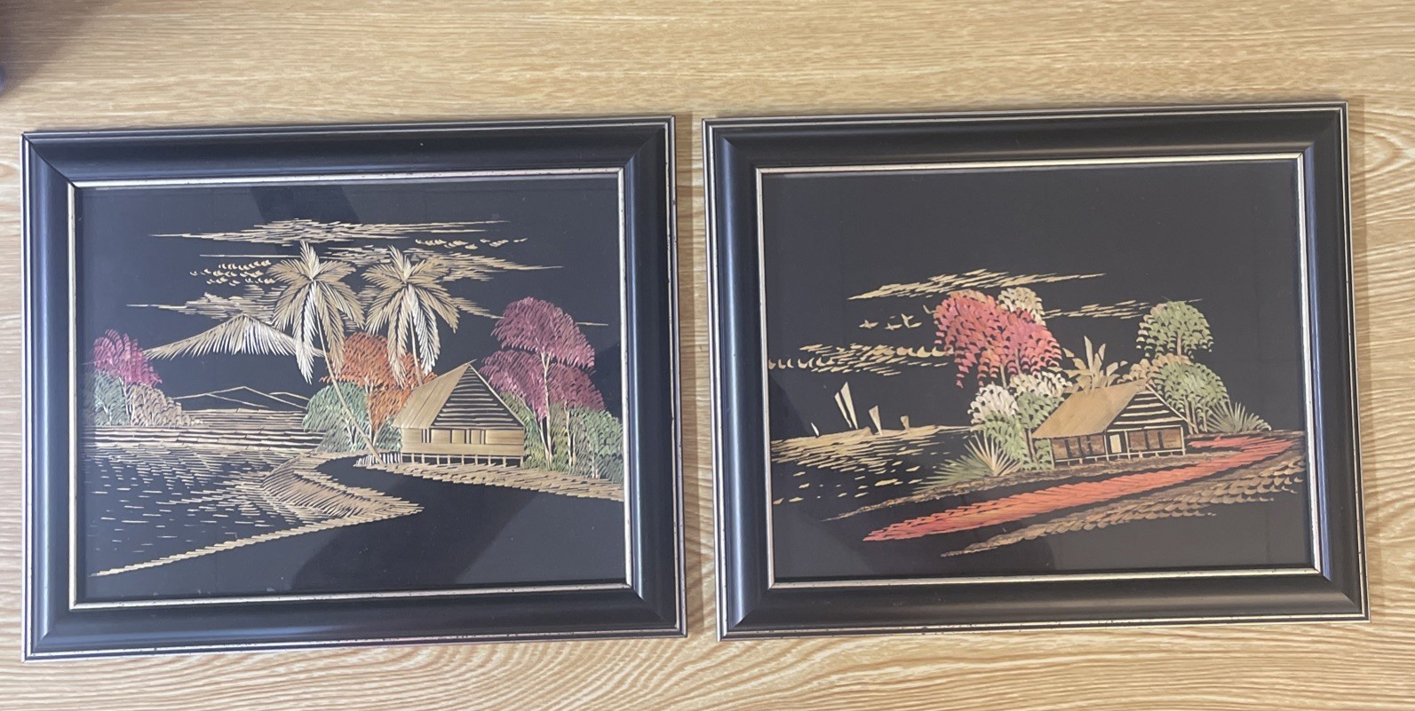 Pair Vintage Mid Century Rice Straw Art Framed Asian Tropical Landscape Set 2 Pair Vintage Mid Century Rice Straw Art Framed Asian Tropical Landscape Set 2