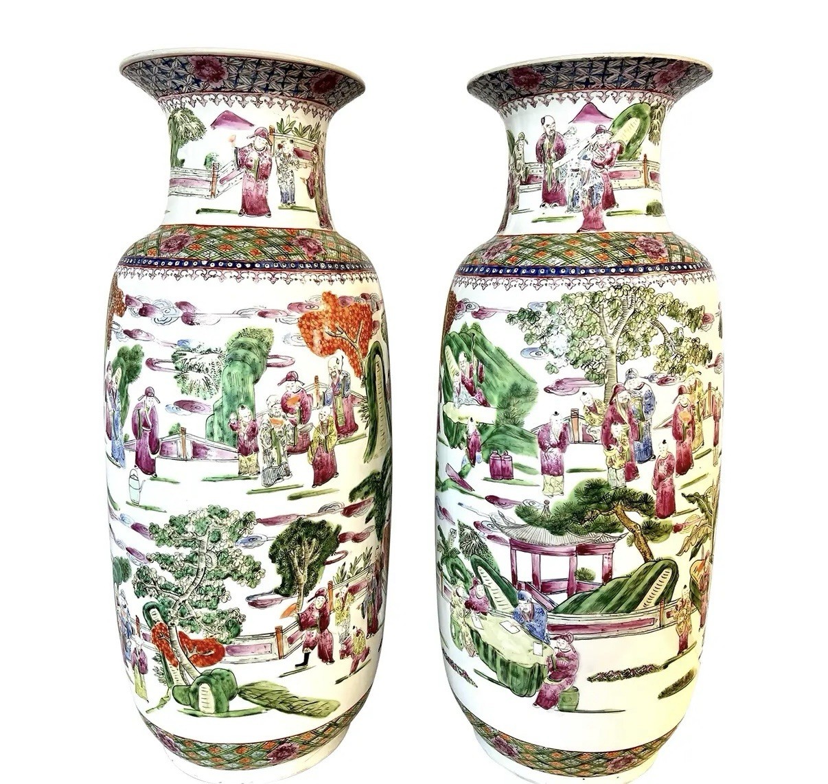 Magnificent Pair of Tall Chinese Famille Rose Porcelain Urns Vases Vessels Magnificent Pair of Tall Chinese Famille Rose Porcelain Urns Vases Vessels