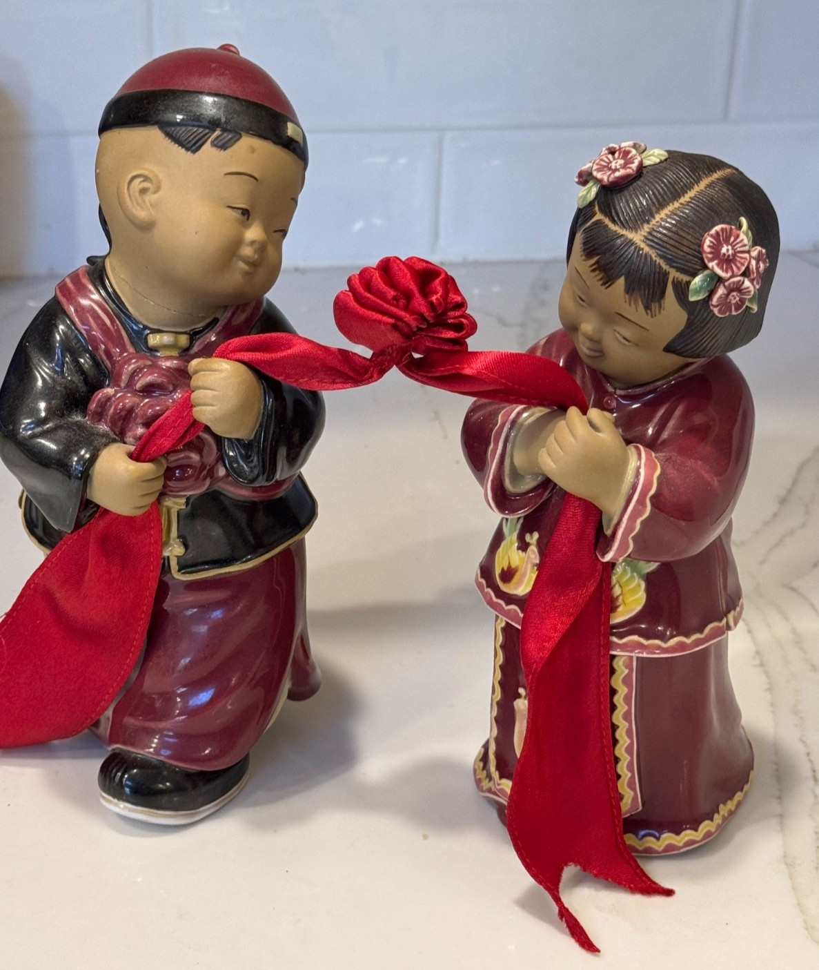 Vintage Sweethearts Chinese Couple Holding Satin Ribbon Hand painted Figurines