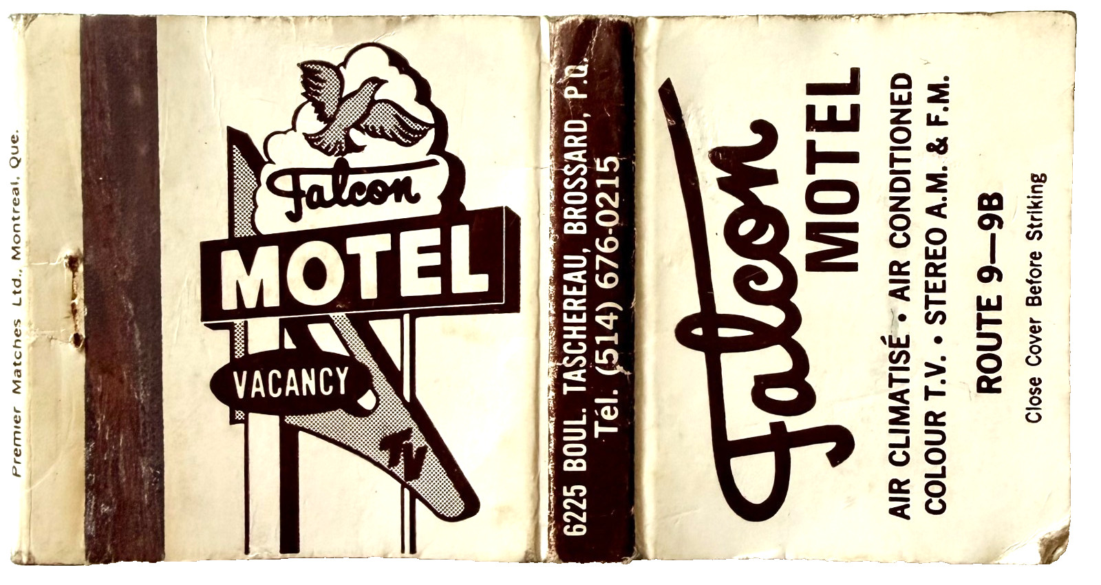 1960s Falcon Motel Matchbook Cover Brossard Quebec Canada Route 9 Vintage