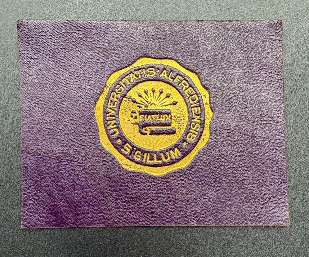 c1910 L20 Alfred University College Seal Tobacco Leather 2x2.5 Purple Gold