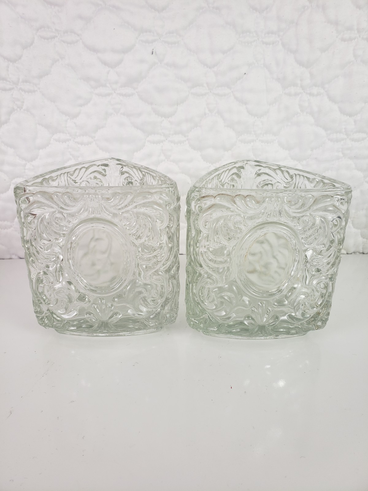 Vintage Avon Triangle Candle Holder Crystal Collection Heavy Embossed Vase 2 Pcs Vintage Avon Triangle Candle Holder Crystal Collection Heavy Embossed Vase 2 Pcs