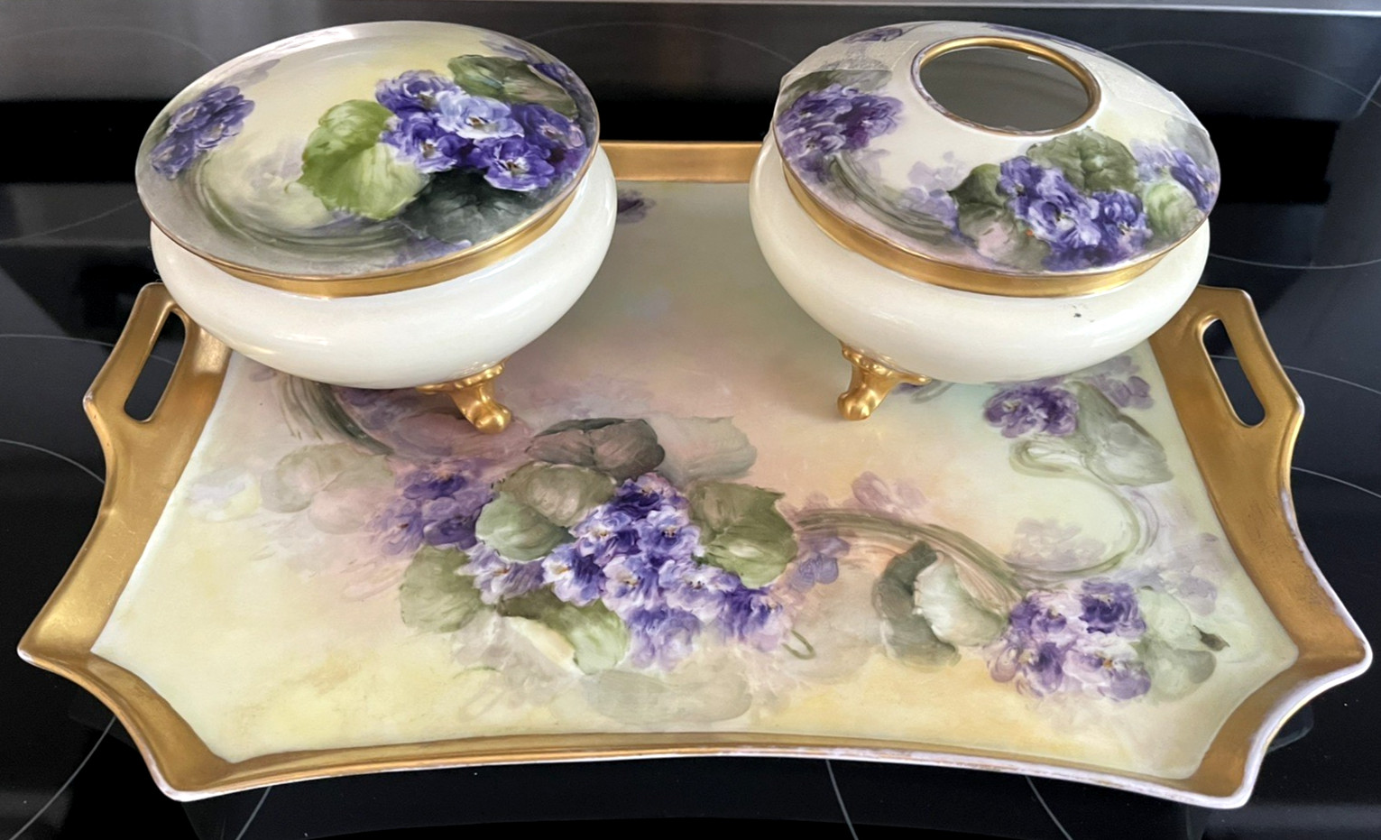 Vintage Bavarian Porcelain Vanity Set Hand Painted Floral Tray & Lidded Jars 3Pc Vintage Bavarian Porcelain Vanity Set Hand Painted Floral Tray & Lidded Jars 3Pc