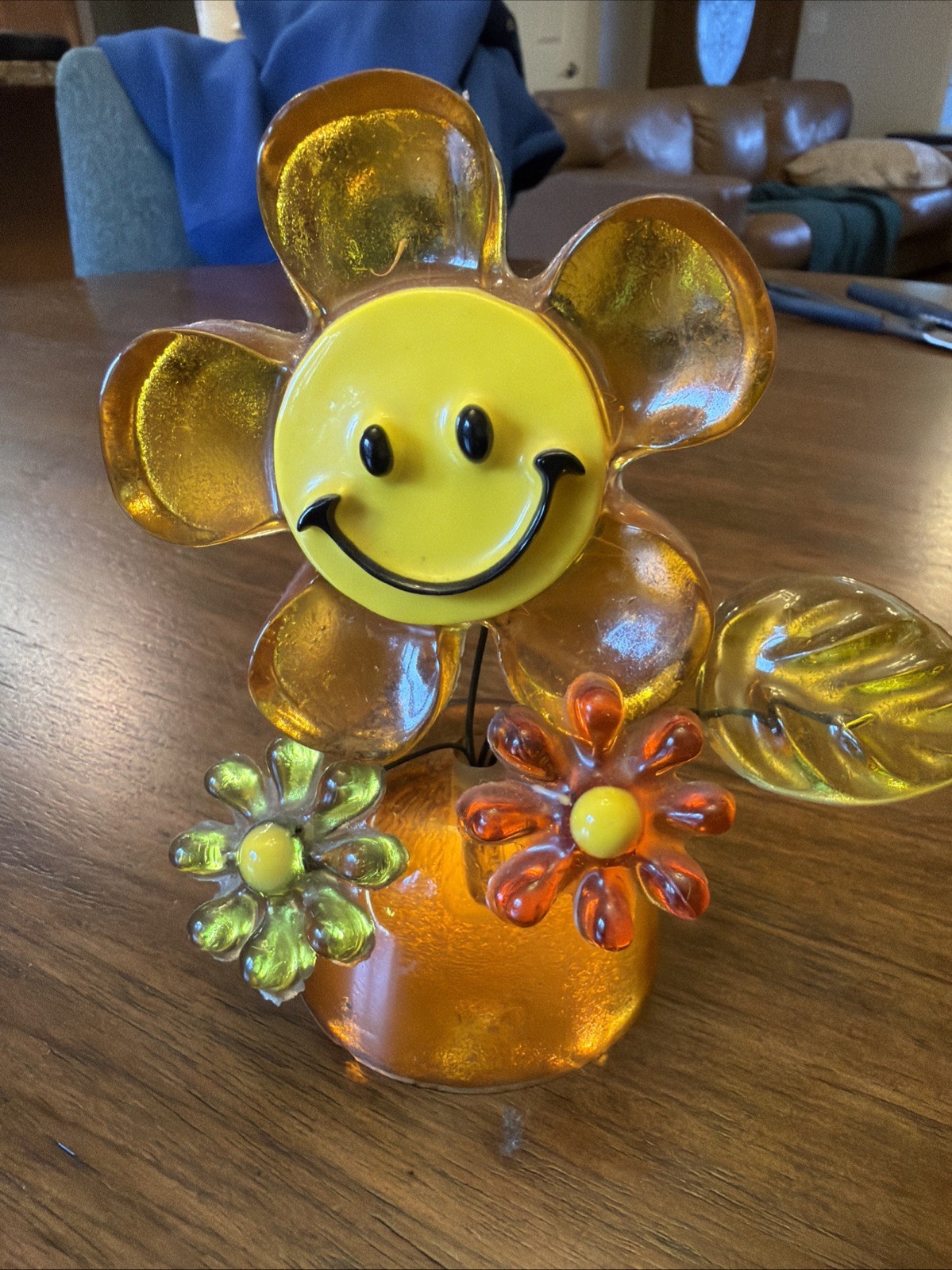 Vintage Smiley Face Lucite Acrylic Daisy Flower Power Ornament, 1960s, RARE Vintage Smiley Face Lucite Acrylic Daisy Flower Power Ornament, 1960s, RARE