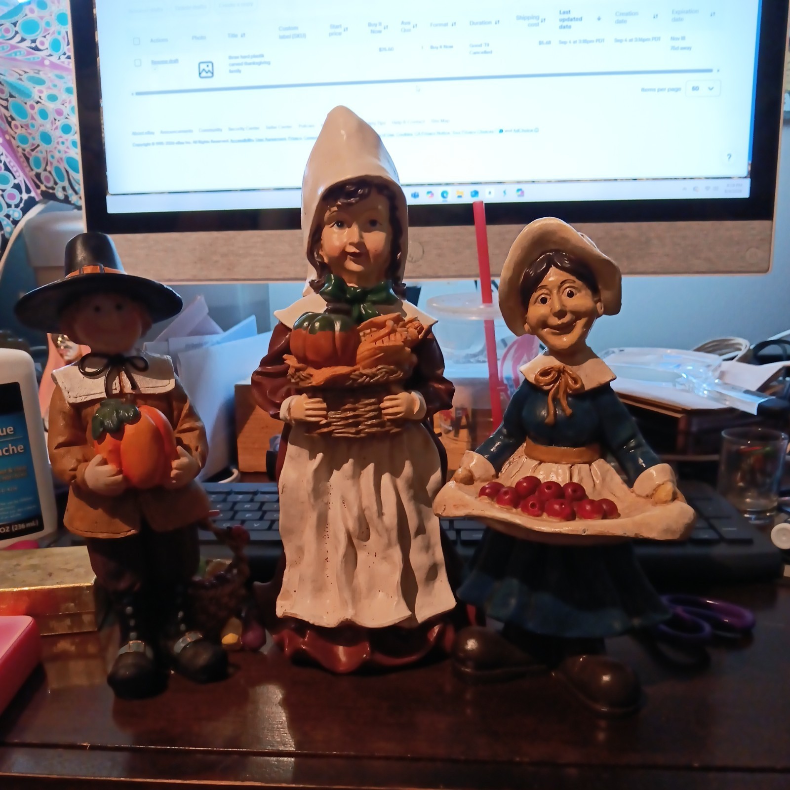 three hard plastik carved thanksgiving family 