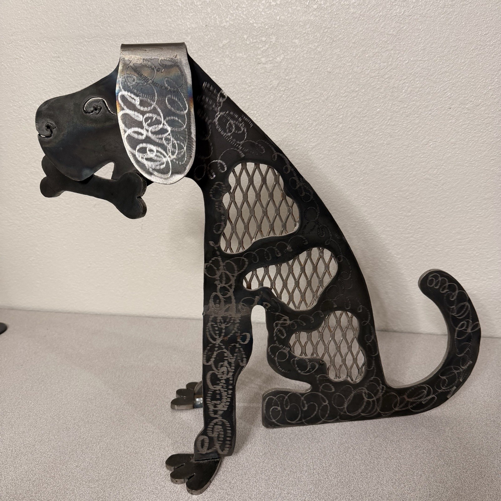 Large Handcrafted Welded Metal Dog Sculpture W/ Bone Folk Art 19in Industrial Large Handcrafted Welded Metal Dog Sculpture W/ Bone Folk Art 19in Industrial