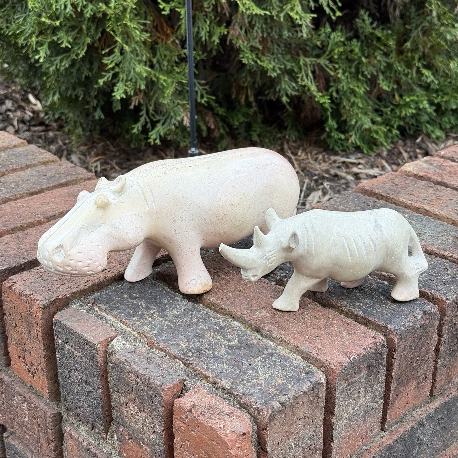 Vintage Besmo Kenya Hand Carved Stone Hippo Rhino Figurines Pair Heavy