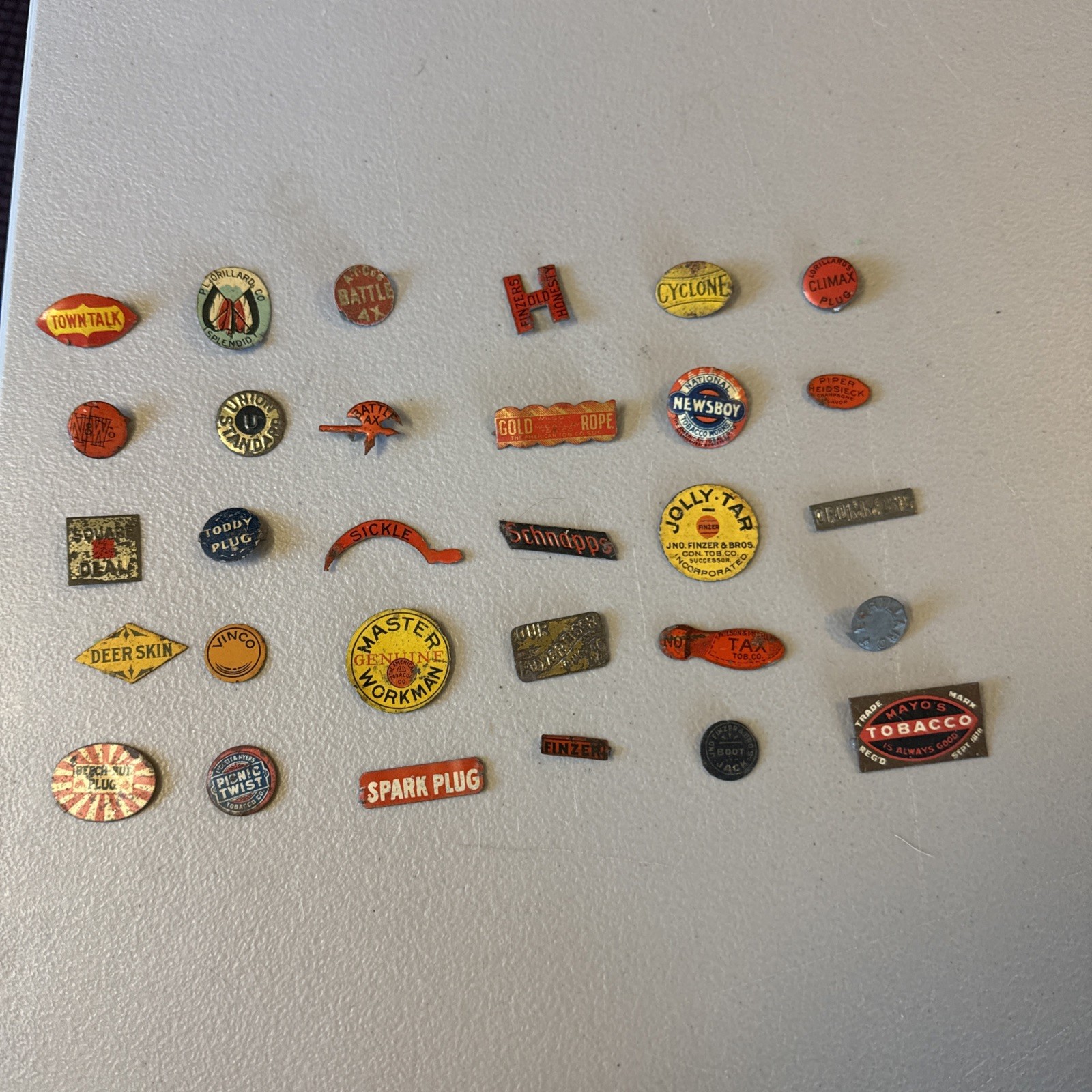 30 Antique Vintage Tobacco Tags Lot Finzer Lorillard Newsboy Cyclone Mayo’s