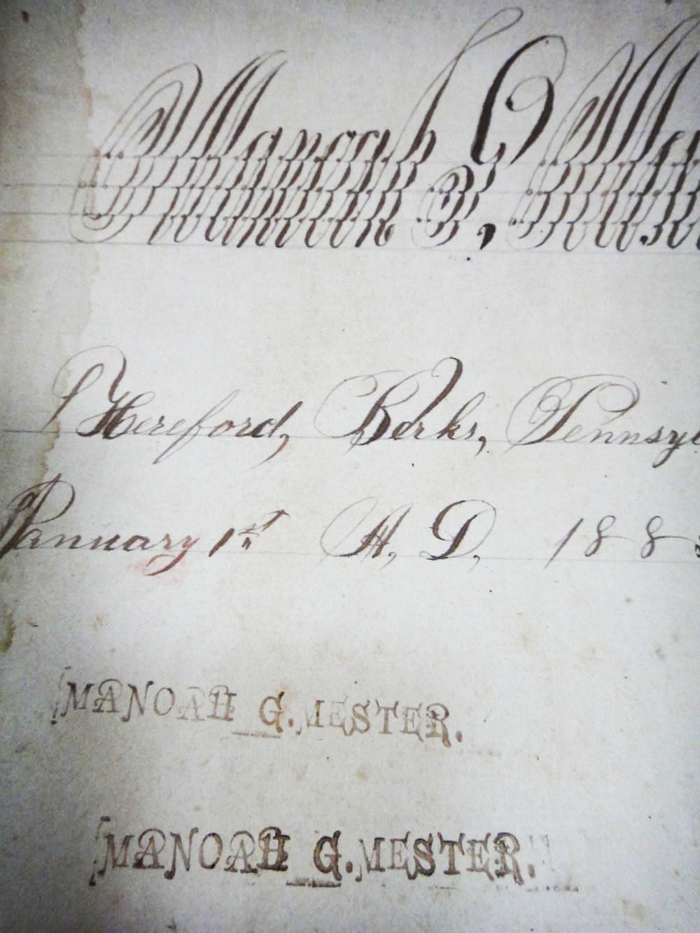 1885 antique FOLK ART MANOAH G.MESTER HANDWRITTEN PENMANSHIP hereford berks pa 1885 antique FOLK ART MANOAH G.MESTER HANDWRITTEN PENMANSHIP hereford berks pa