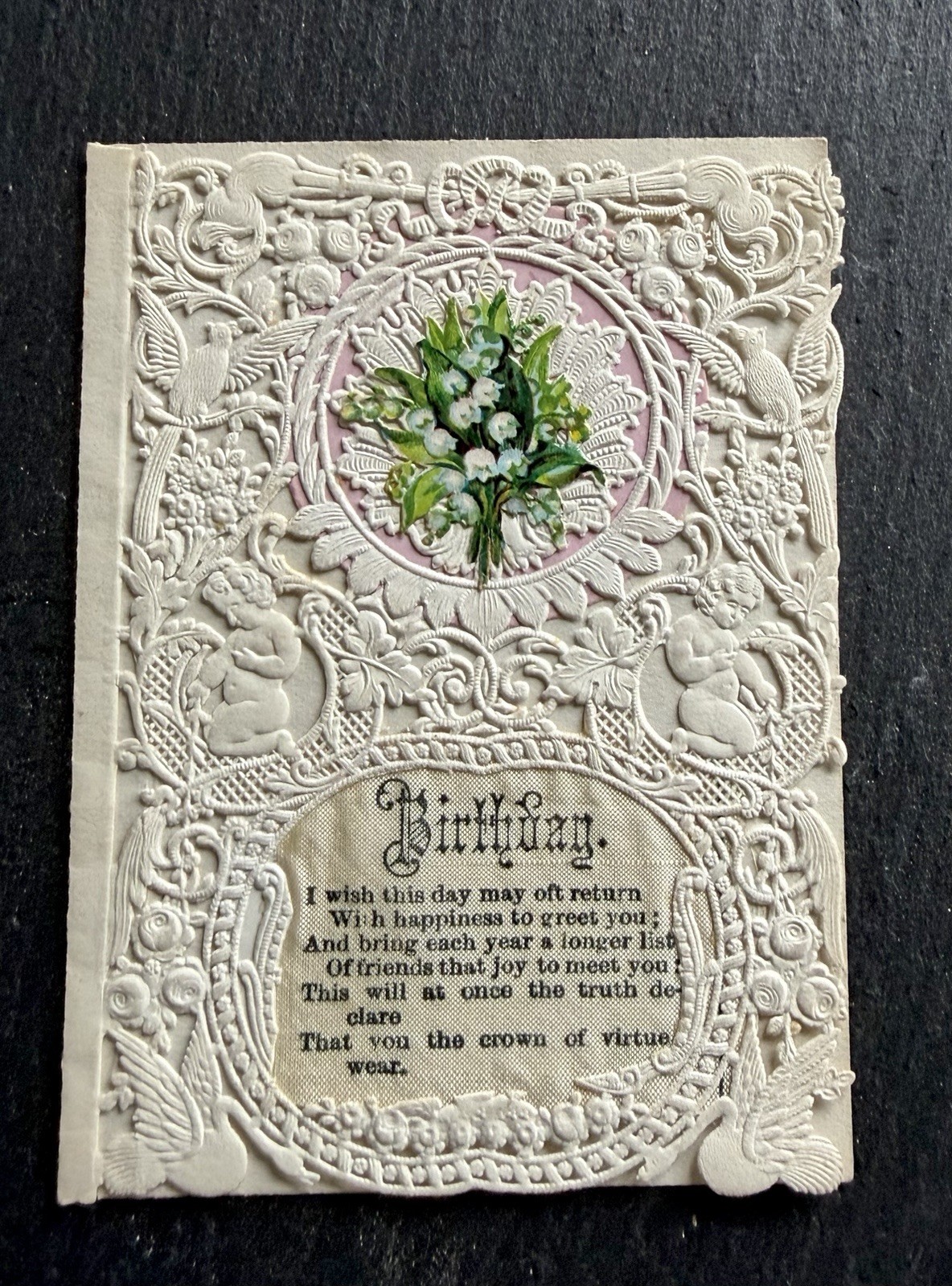 Antique Victorian Birthday Card Figural Paper Lace Cherubs Birds Lily of Valley