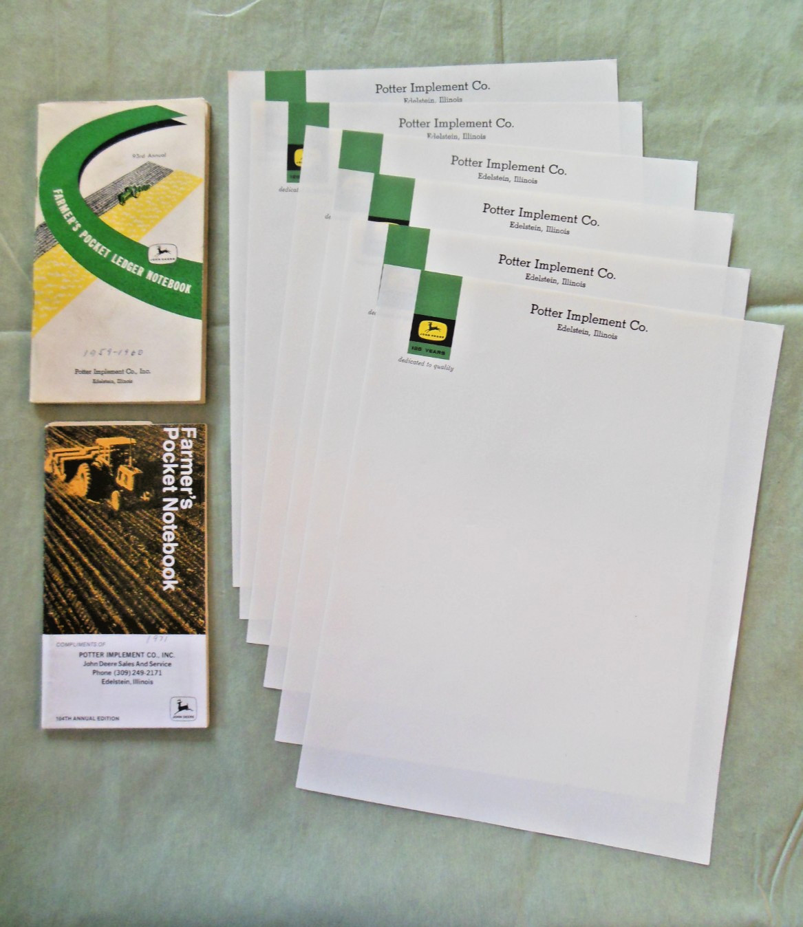 Vintage John Deere Potter Implement Letterhead and Two Farmer's Pocket Notebooks Vintage John Deere Potter Implement Letterhead and Two Farmer's Pocket Notebooks