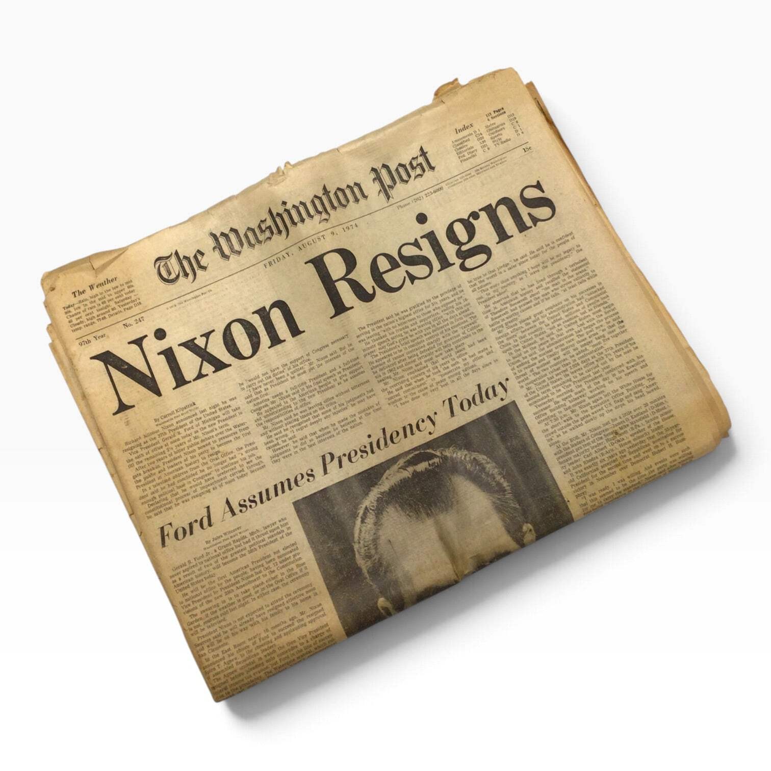Washington Post August 9, 1974 – Nixon Resigns – Ford Takes Over Presidency – Co