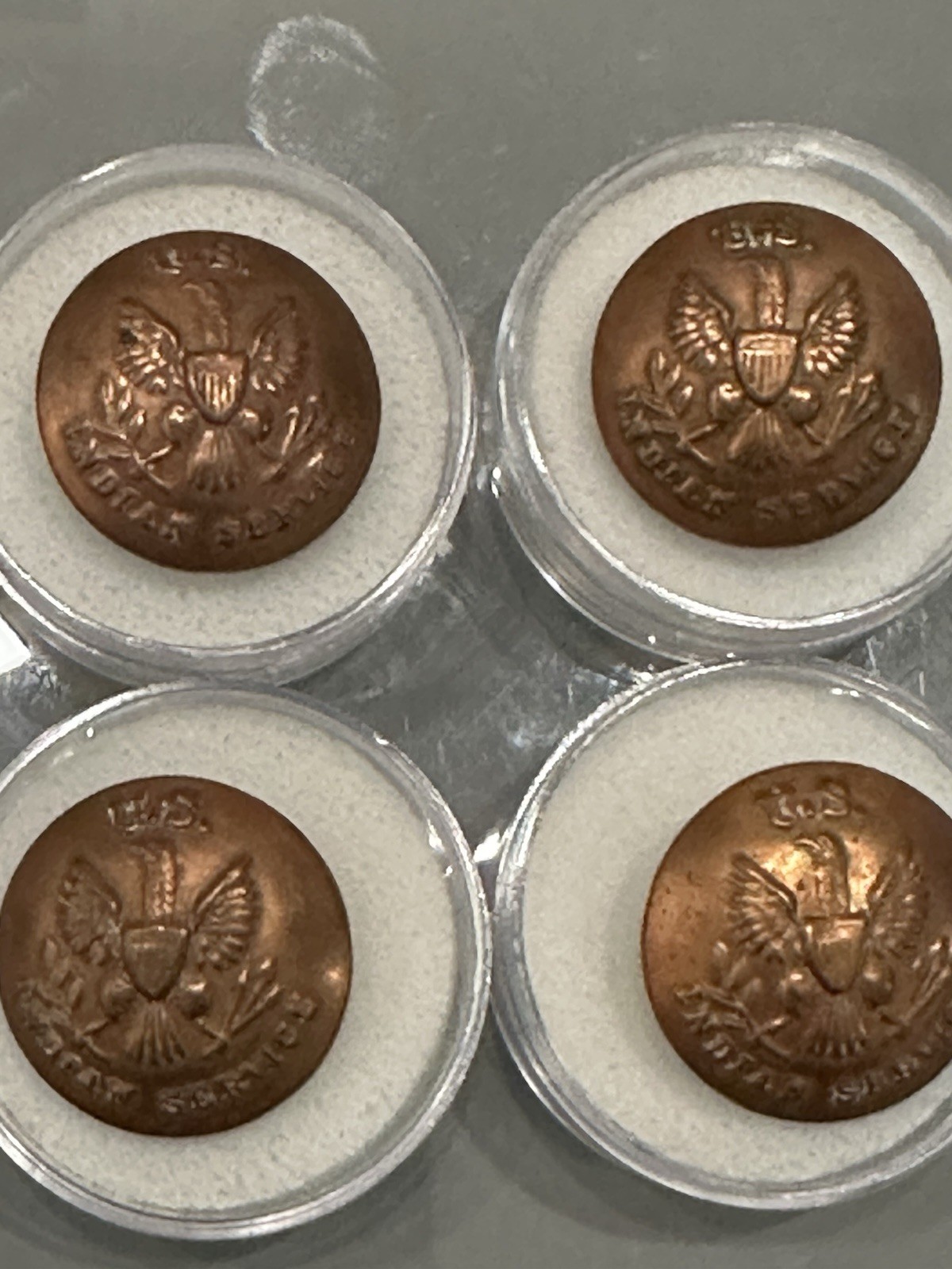 4 - TIFFANY (COPPER TOP)  INDIAN SERVICE BUTTONS ORIGINAL 3/4” COAT SIZE - NICE