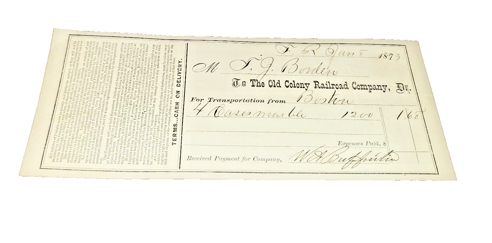 JANUARY 1873 OLD COLONY RAILROAD BOSTON MASSACHUSETTS FREIGHT BILL JANUARY 1873 OLD COLONY RAILROAD BOSTON MASSACHUSETTS FREIGHT BILL