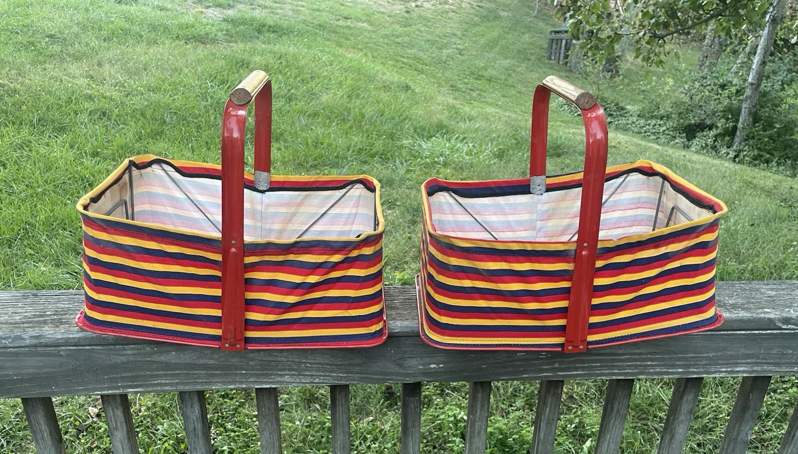 Vintage 1960s-70s Woolworth's Pair of Striped Collapsible Shopping Baskets 