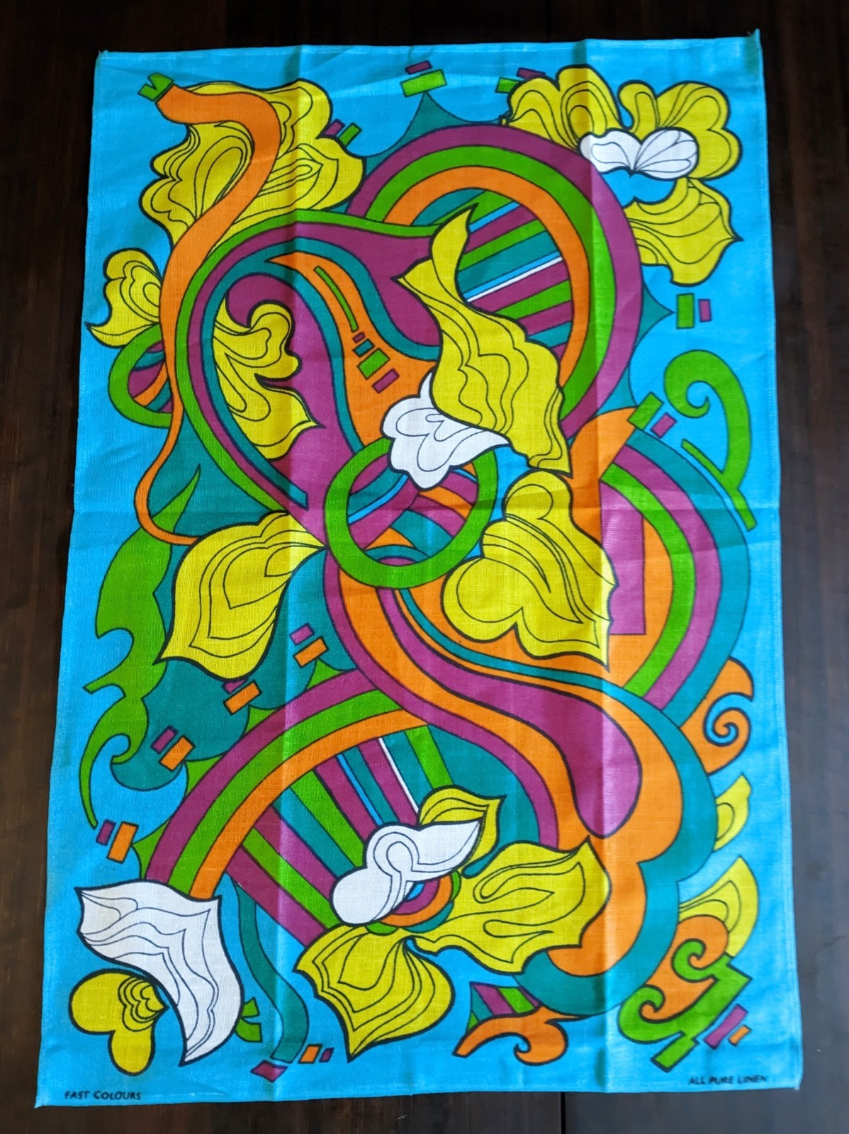 Vintage 1970s Psychedelic Linen Tea Towel Czechoslovakia Retro Ribbon Floral Vintage 1970s Psychedelic Linen Tea Towel Czechoslovakia Retro Ribbon Floral