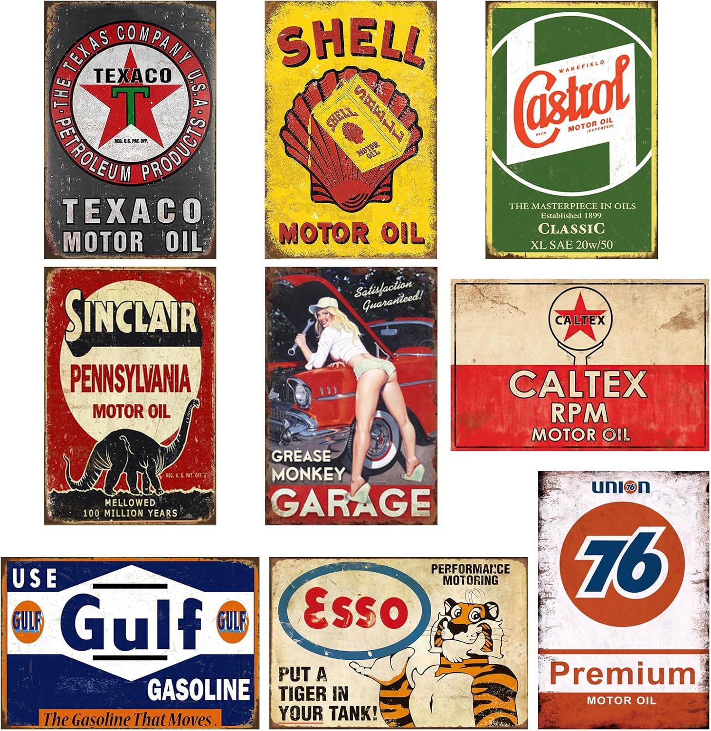 9 PCS Vintage Metal Tin Garage Signs, Retro Oil & Gas Station Wall Decor 9 PCS Vintage Metal Tin Garage Signs, Retro Oil & Gas Station Wall Decor