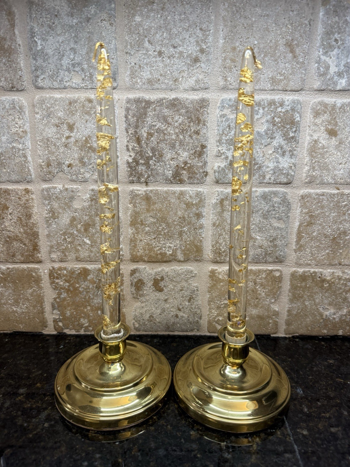 VTG Pair MCM Candle Holders 12” Gold Fleck Lucite Candles Old Hollywood *flaw* VTG Pair MCM Candle Holders 12” Gold Fleck Lucite Candles Old Hollywood *flaw*