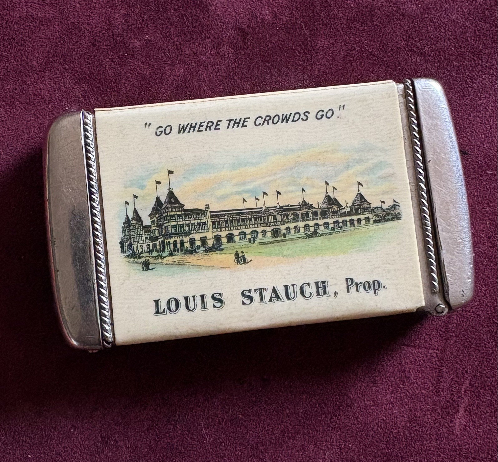 1890s STAUCH'S CONEY ISLAND ADVERTISING MATCH SAFE CELLULOID WHITEHEAD & HOAG Co 1890s STAUCH'S CONEY ISLAND ADVERTISING MATCH SAFE CELLULOID WHITEHEAD & HOAG Co