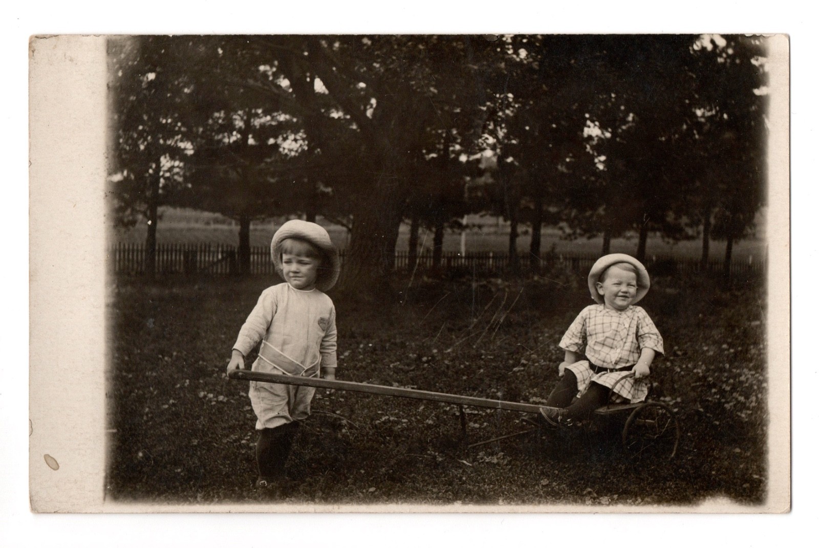 Two Children w/Wagon Playing in a Field Real Photo Postcard RPPC Unposted Two Children w/Wagon Playing in a Field Real Photo Postcard RPPC Unposted
