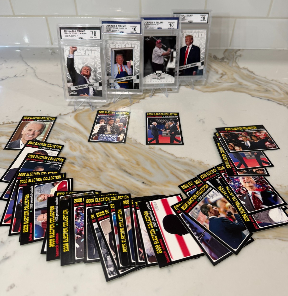Lot: 4 TRUMP Cards 2024 Leaf/Assassination Graded 10 + 2008 Election Obama (35) Lot: 4 TRUMP Cards 2024 Leaf/Assassination Graded 10 + 2008 Election Obama (35)
