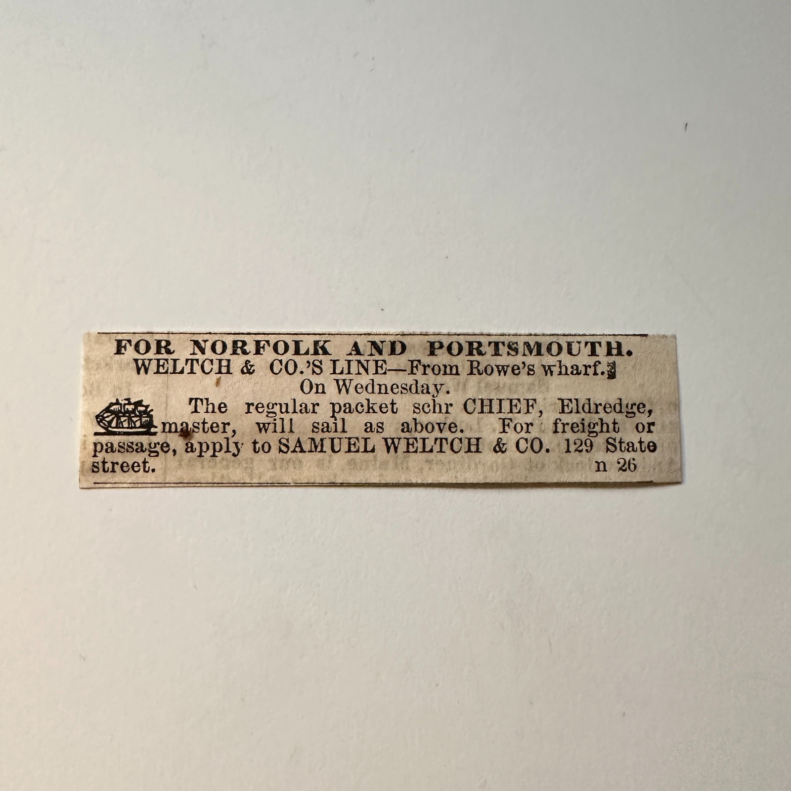 Samuel Weltch & Co. For Norfolk & Portsmouth 1860 Boston Ad 5AK9-S50 Samuel Weltch & Co. For Norfolk & Portsmouth 1860 Boston Ad 5AK9-S50