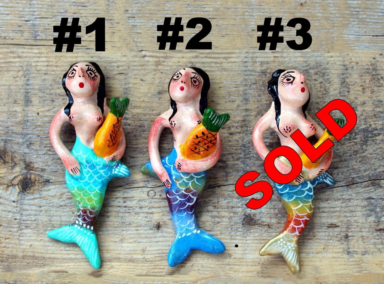Grp 2 Mermaid Pineapple SOLD SEPARATELY Clay Ornaments Handmade Mexican Folk Art