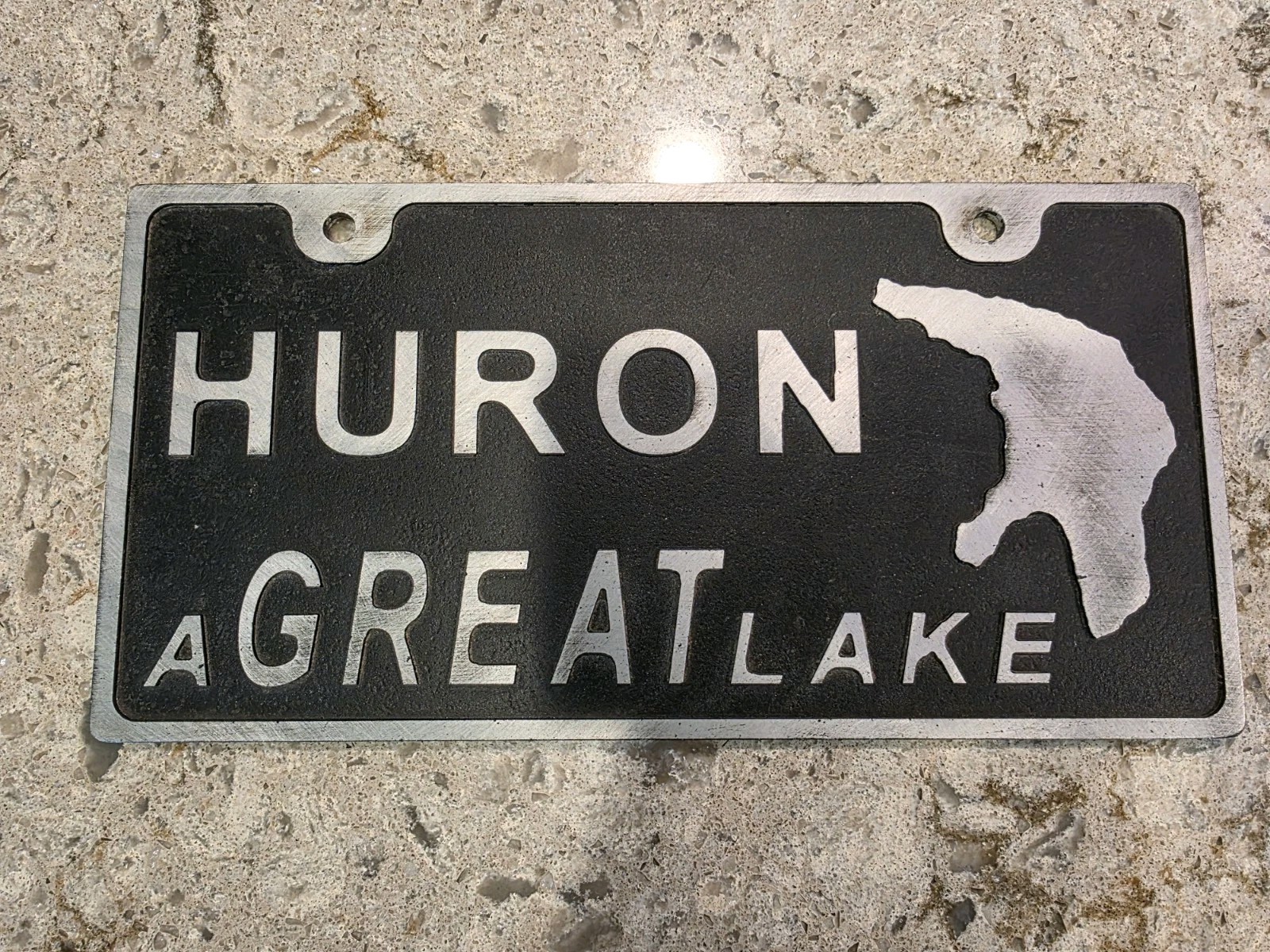 Vtg HURON A GREAT LAKE Heavy Cast Metal License Plate Topper Sign Original Old