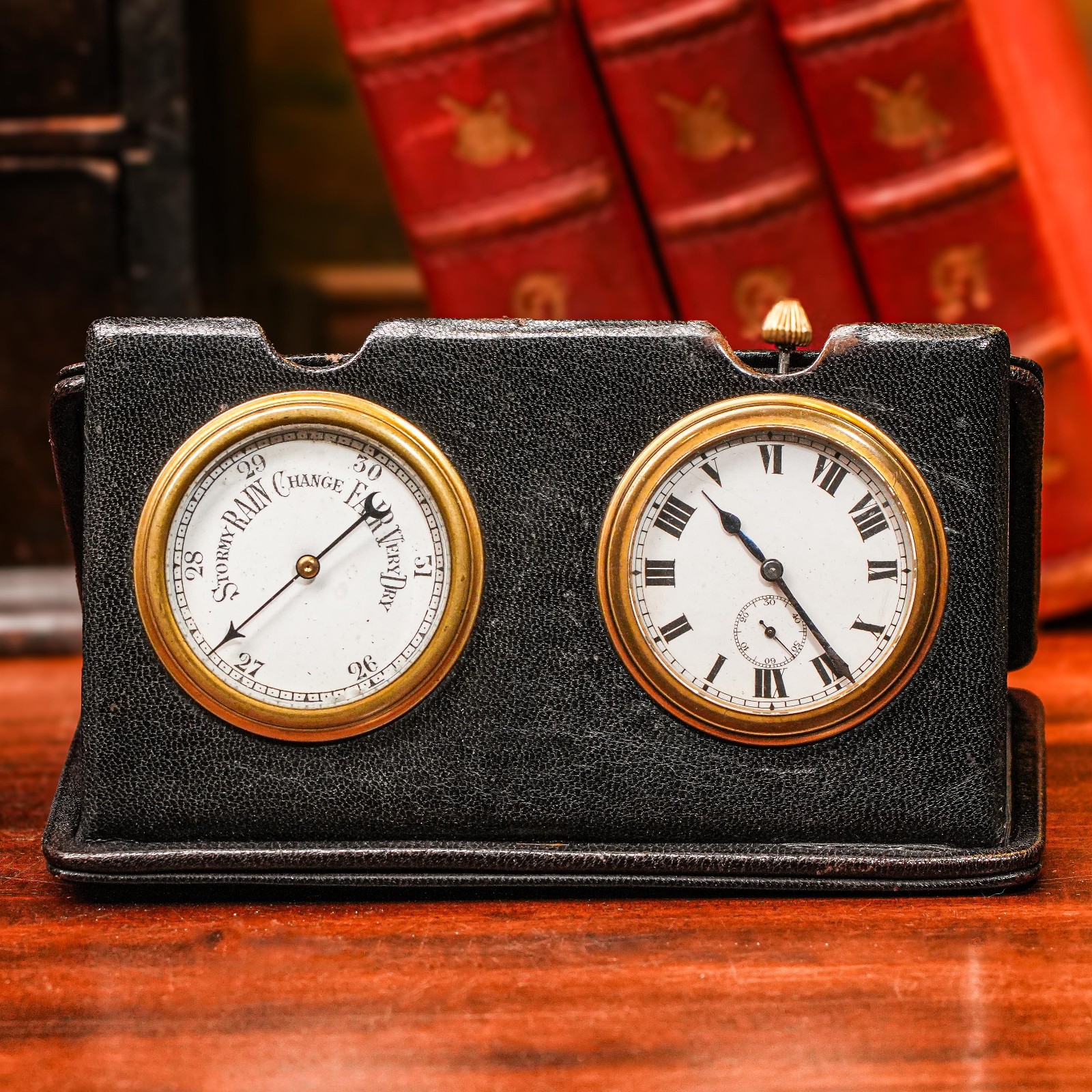 Portable Antique Hand Painted Porcelain Travel Desk Clock Barometer Leather Case Portable Antique Hand Painted Porcelain Travel Desk Clock Barometer Leather Case