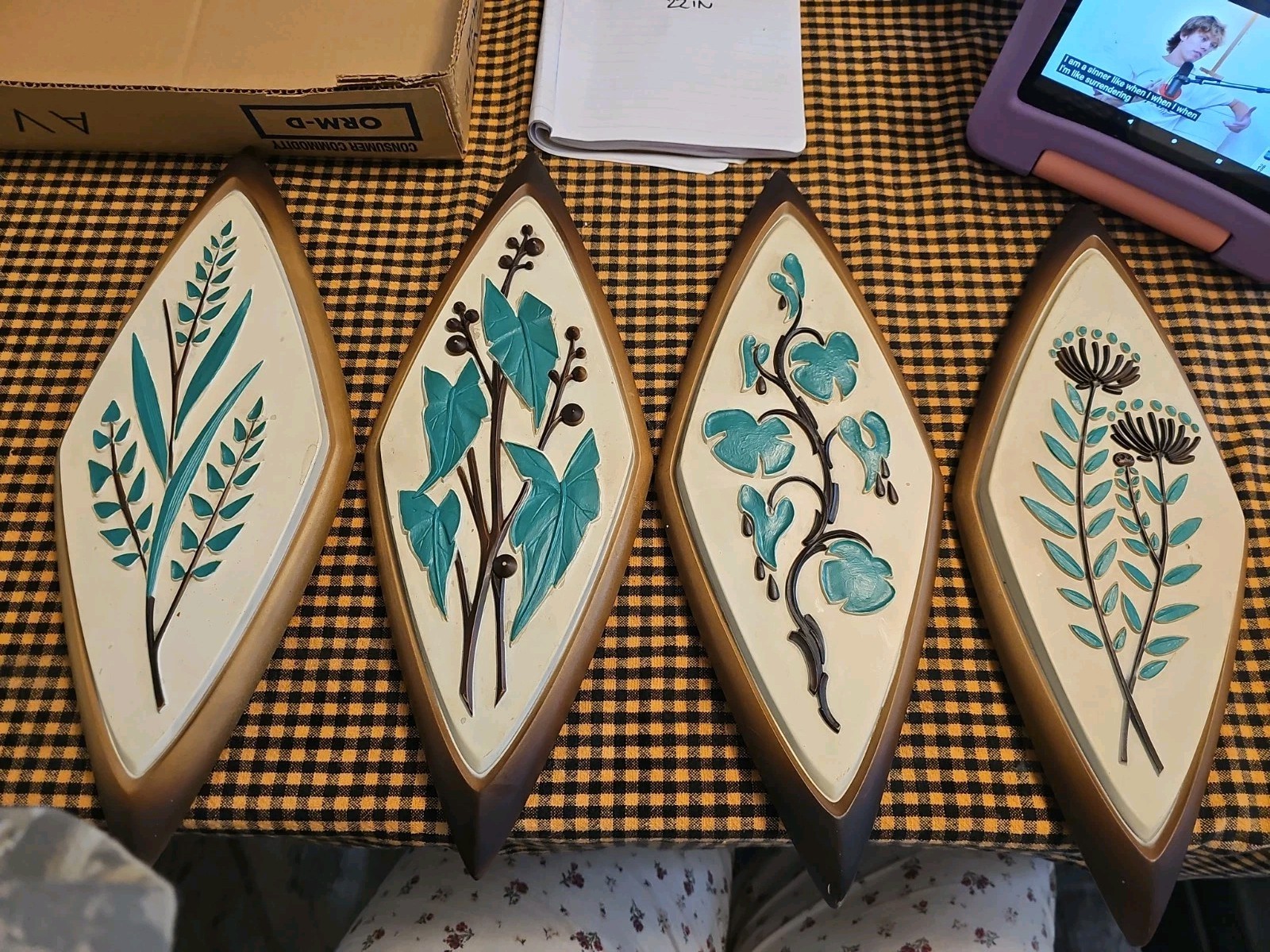 4 Vtg MCM Syroco Diamond Shaped Botanical Wall Plaques Teal, And Brown 1960S Euc 4 Vtg MCM Syroco Diamond Shaped Botanical Wall Plaques Teal, And Brown 1960S Euc