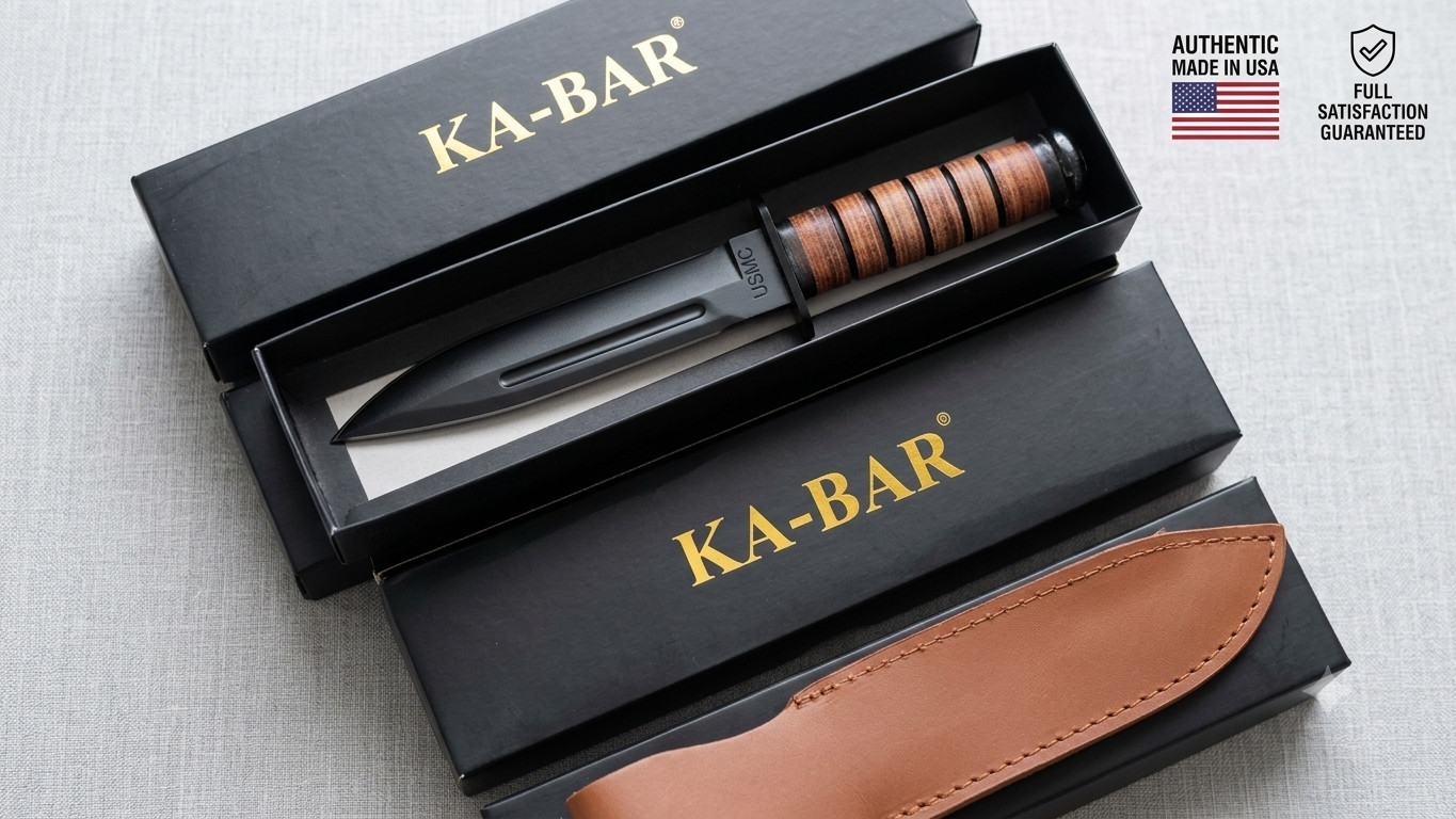 KA-BAR USMC 1217 Straight Edge Fighting Combat Knife Leather Handle & Sheath KA-BAR USMC 1217 Straight Edge Fighting Combat Knife Leather Handle & Sheath