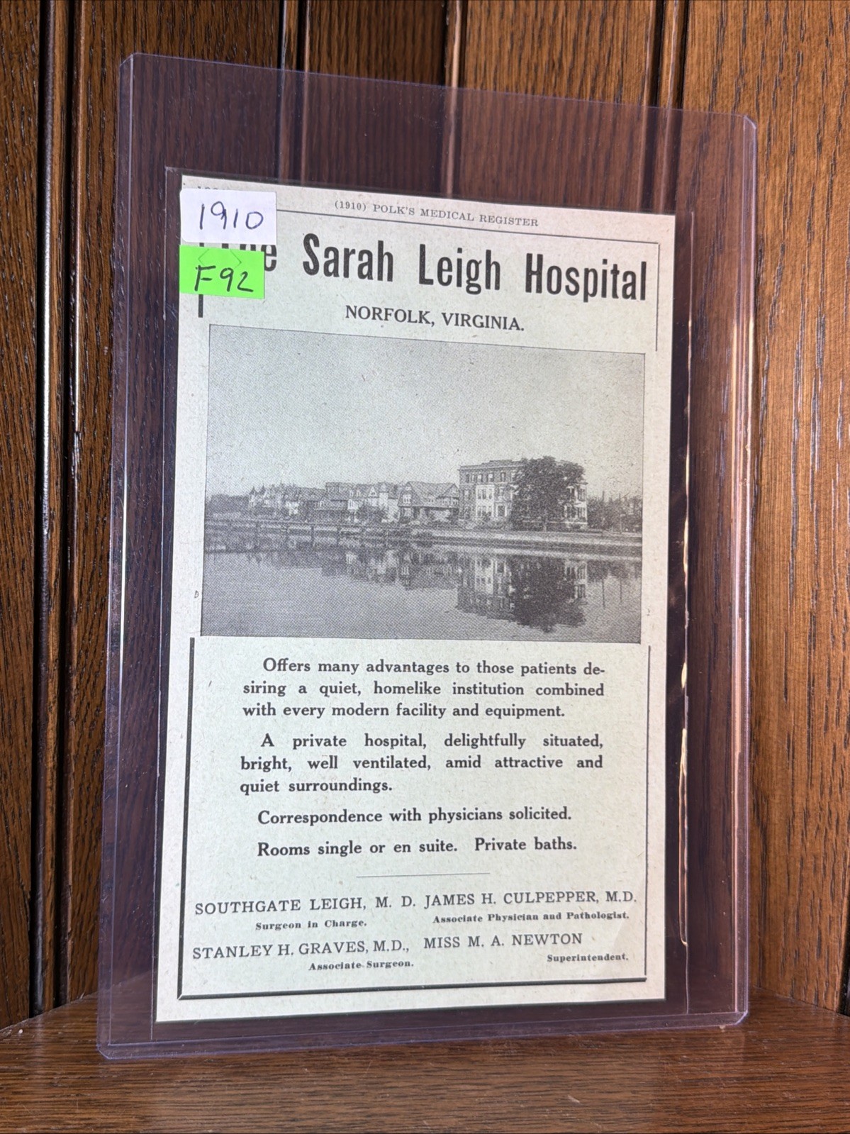 Antique 1910 Sarah Leigh Private Hospital Norfolk Virginia History Picture AD