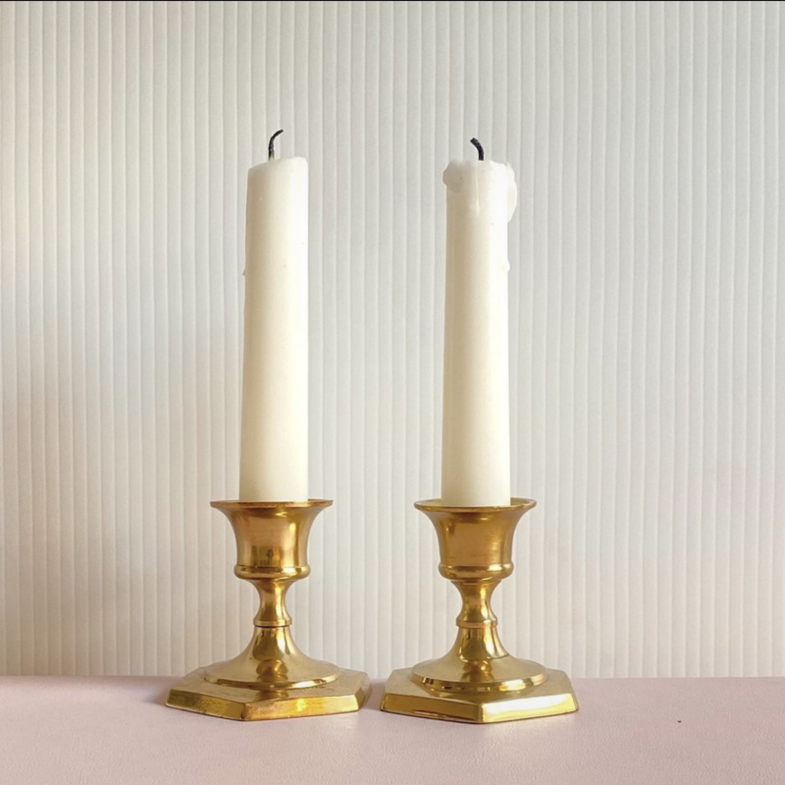 Vintage Solid Brass Candlesticks - Pair of 2 Short MCM Taper Holders 2.5”