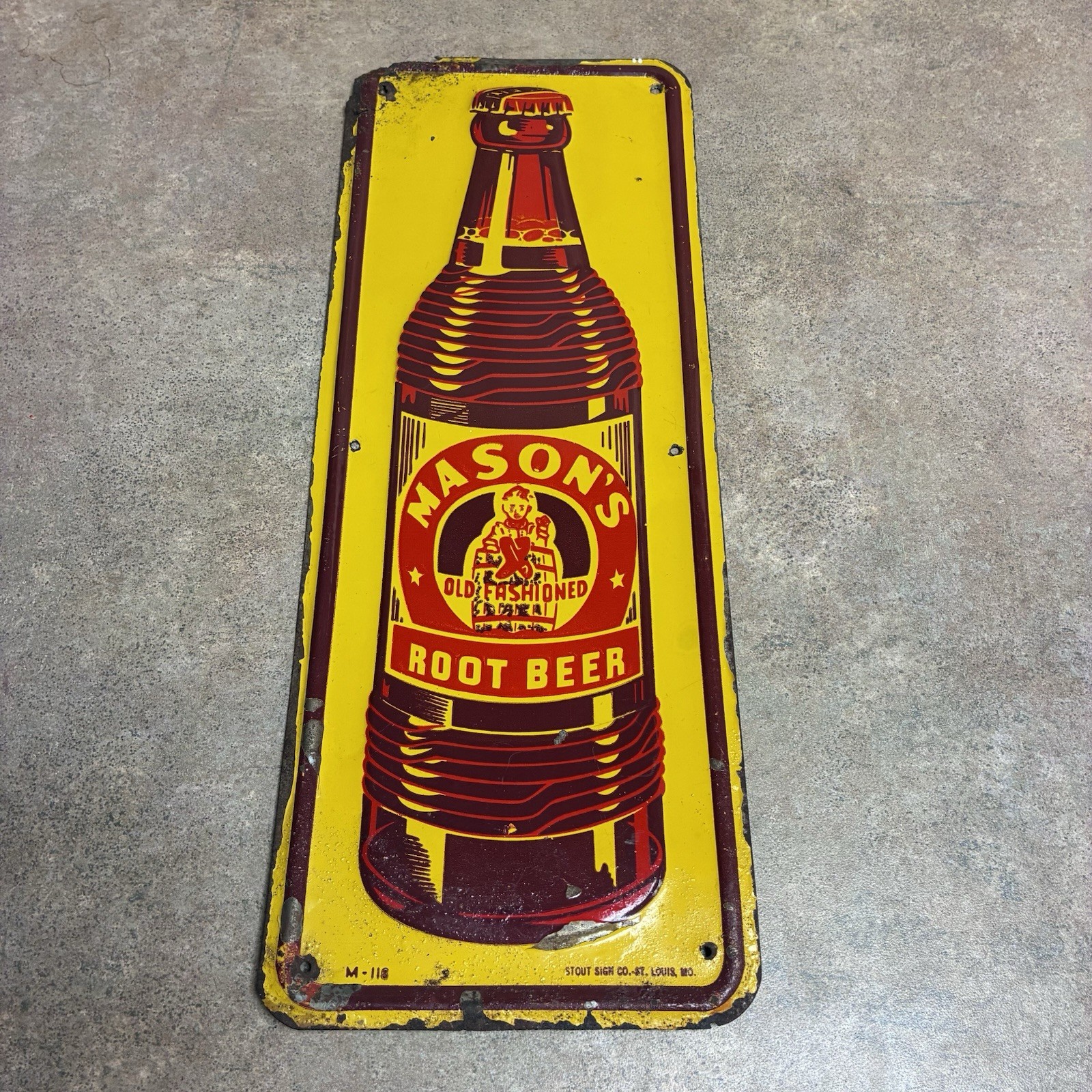 Vtg 1950s Masons Root Beer Metal Sign Embossed Stout Sign Co Door Kick M-118