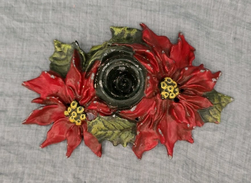 Cast Iron c1922 Poinsettia Christmas Iron Candle Holder Red Green Single Cup 6\ Cast Iron c1922 Poinsettia Christmas Iron Candle Holder Red Green Single Cup 6\