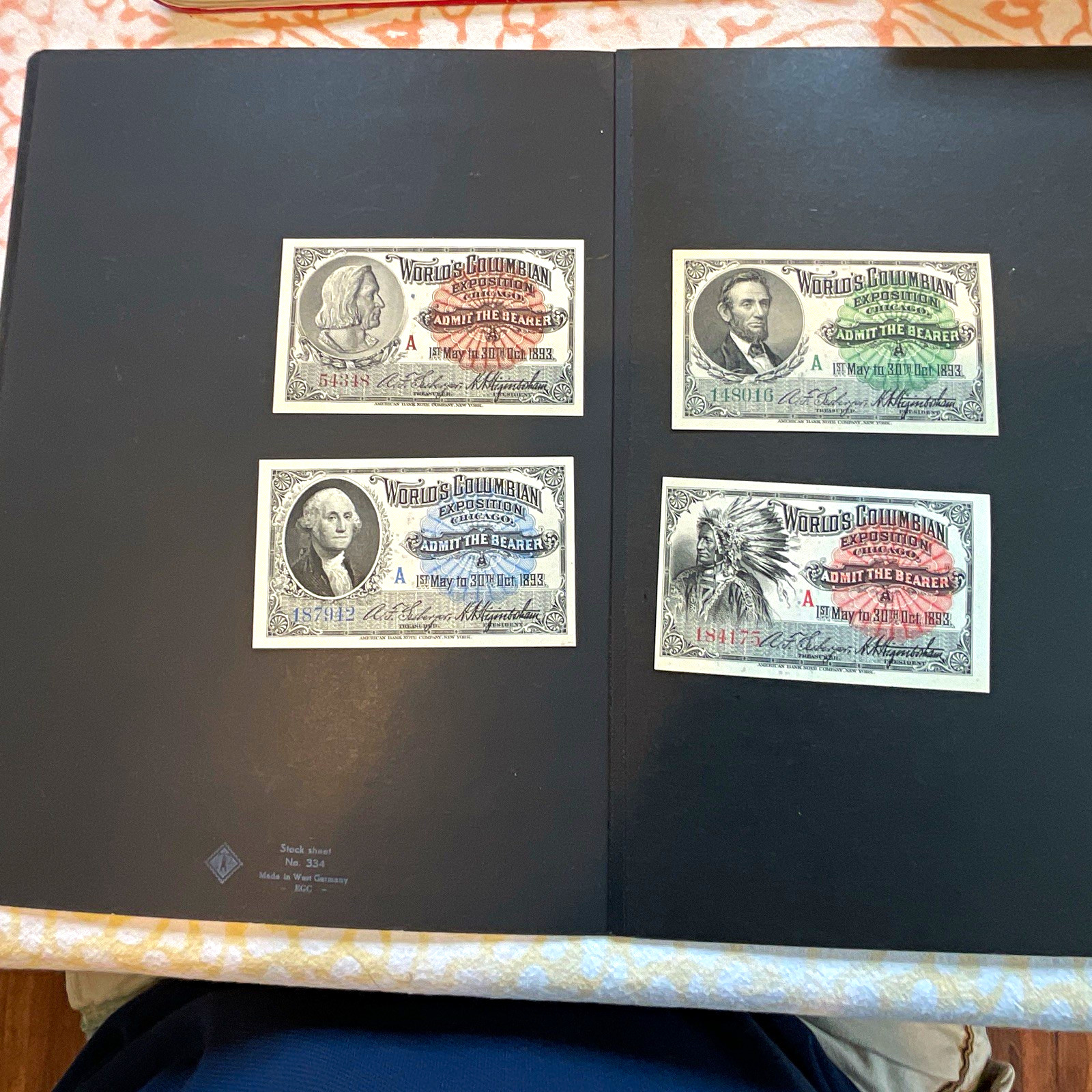1893 Chicago World’s Columbian Exposition Admission Tickets Set of 4 in Album 1893 Chicago World’s Columbian Exposition Admission Tickets Set of 4 in Album
