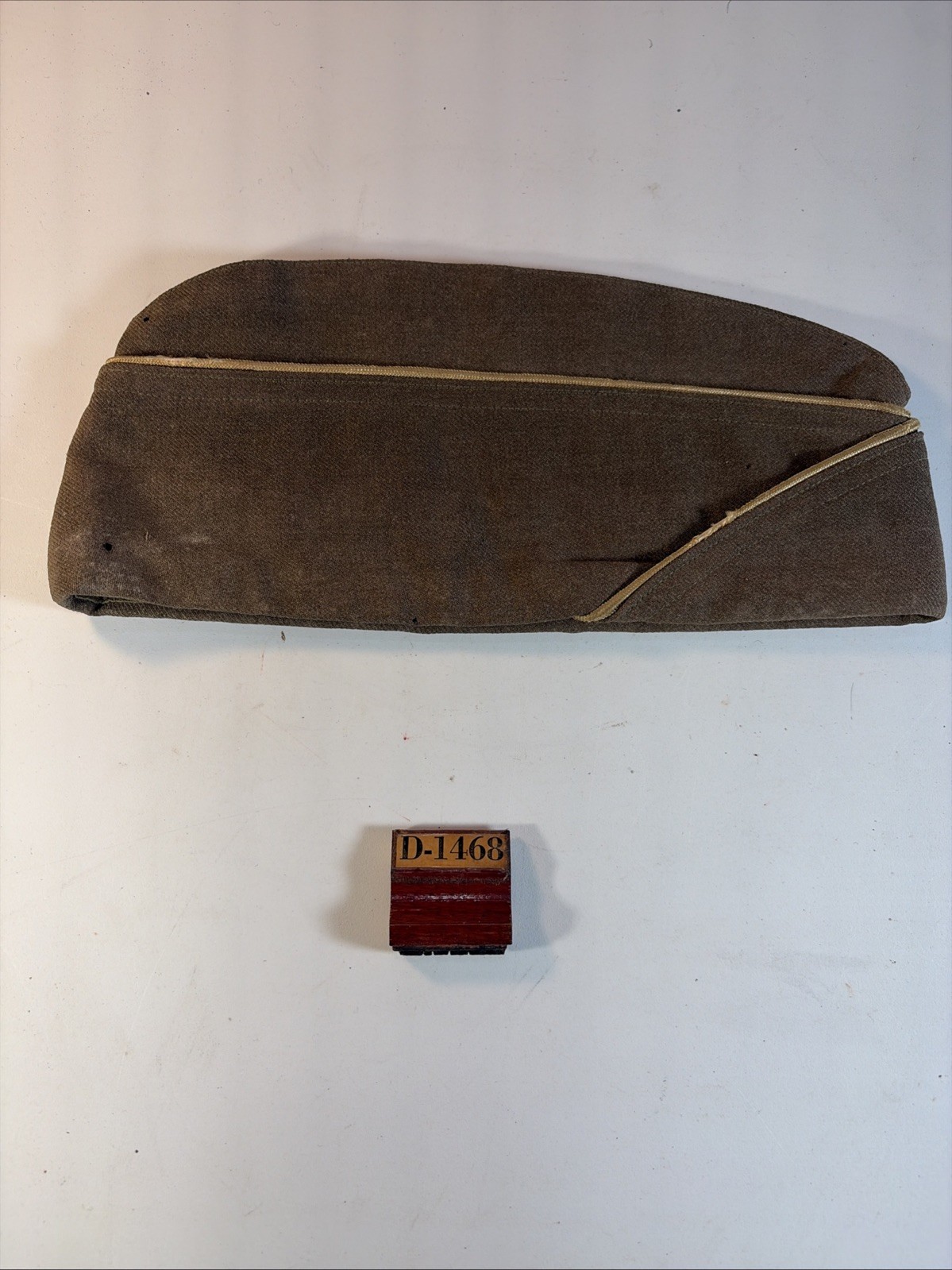 Vintage WWII US Army Officer Wool Garrison Cap Khaki Gold D-1468 With Stamp Tool Vintage WWII US Army Officer Wool Garrison Cap Khaki Gold D-1468 With Stamp Tool