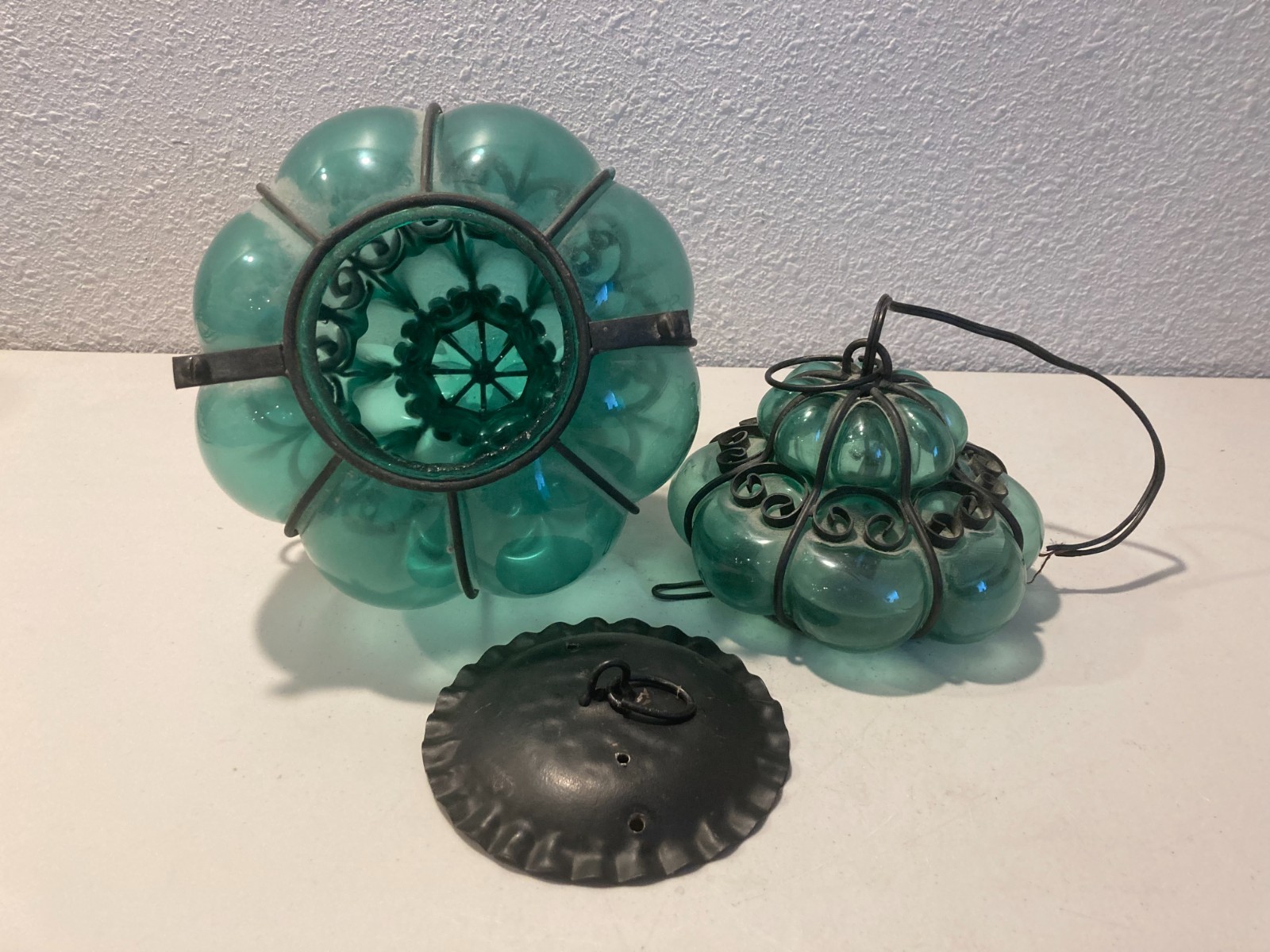 Antique Venetian Green Blown Glass Wrought Iron Caged Hanging Pendant Light Antique Venetian Green Blown Glass Wrought Iron Caged Hanging Pendant Light