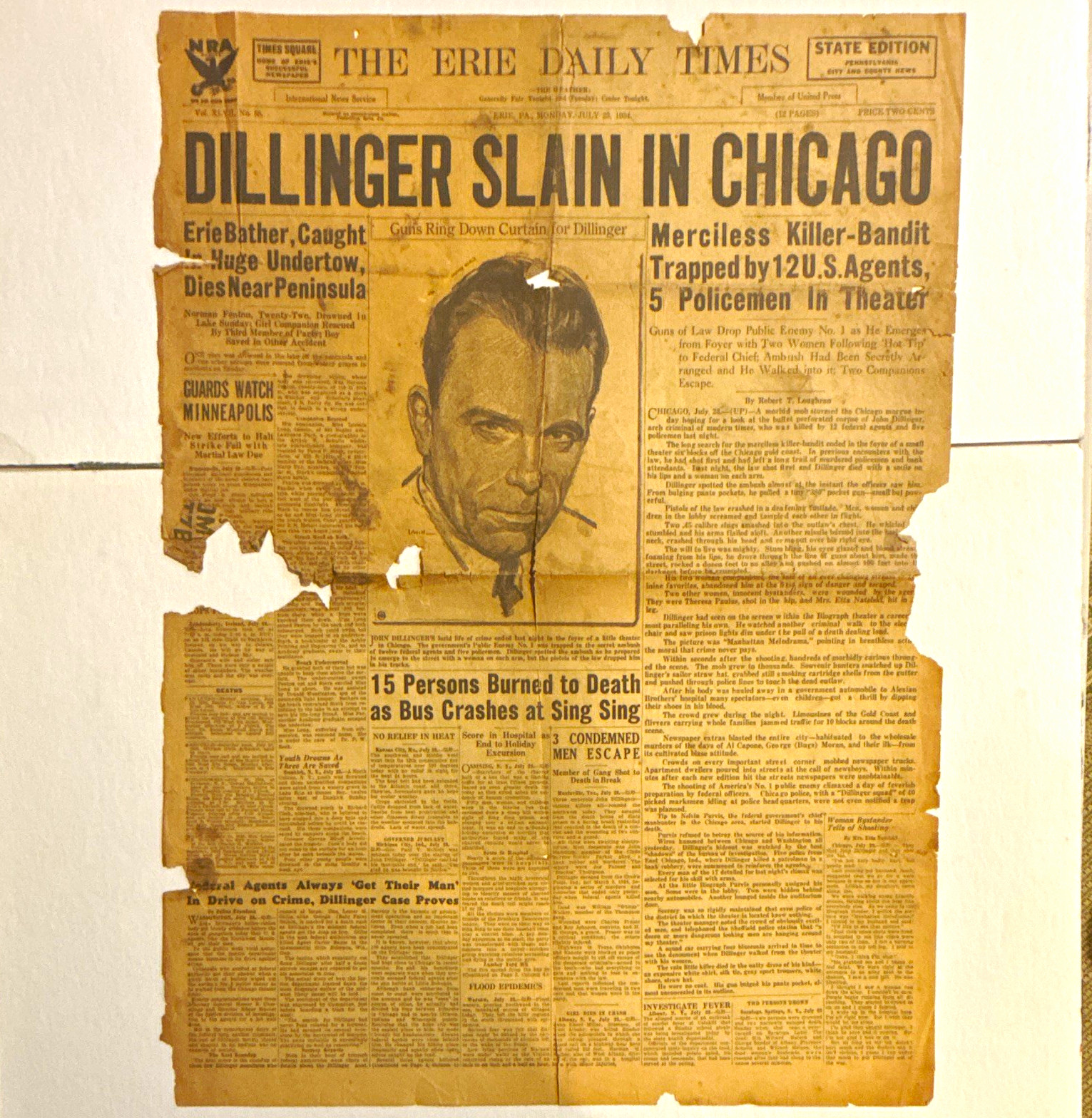 Original 1934 Newspaper DILLINGER SLAIN IN CHICAGO John Dillinger Death Headline