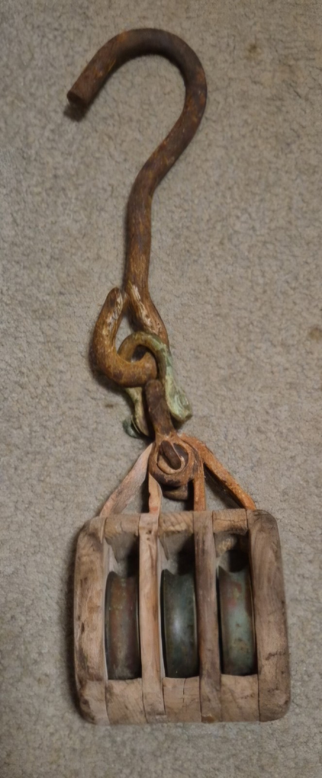 Antique Vintage Wood & Iron Block & Tackle Triple Pulley Antique Vintage Wood & Iron Block & Tackle Triple Pulley