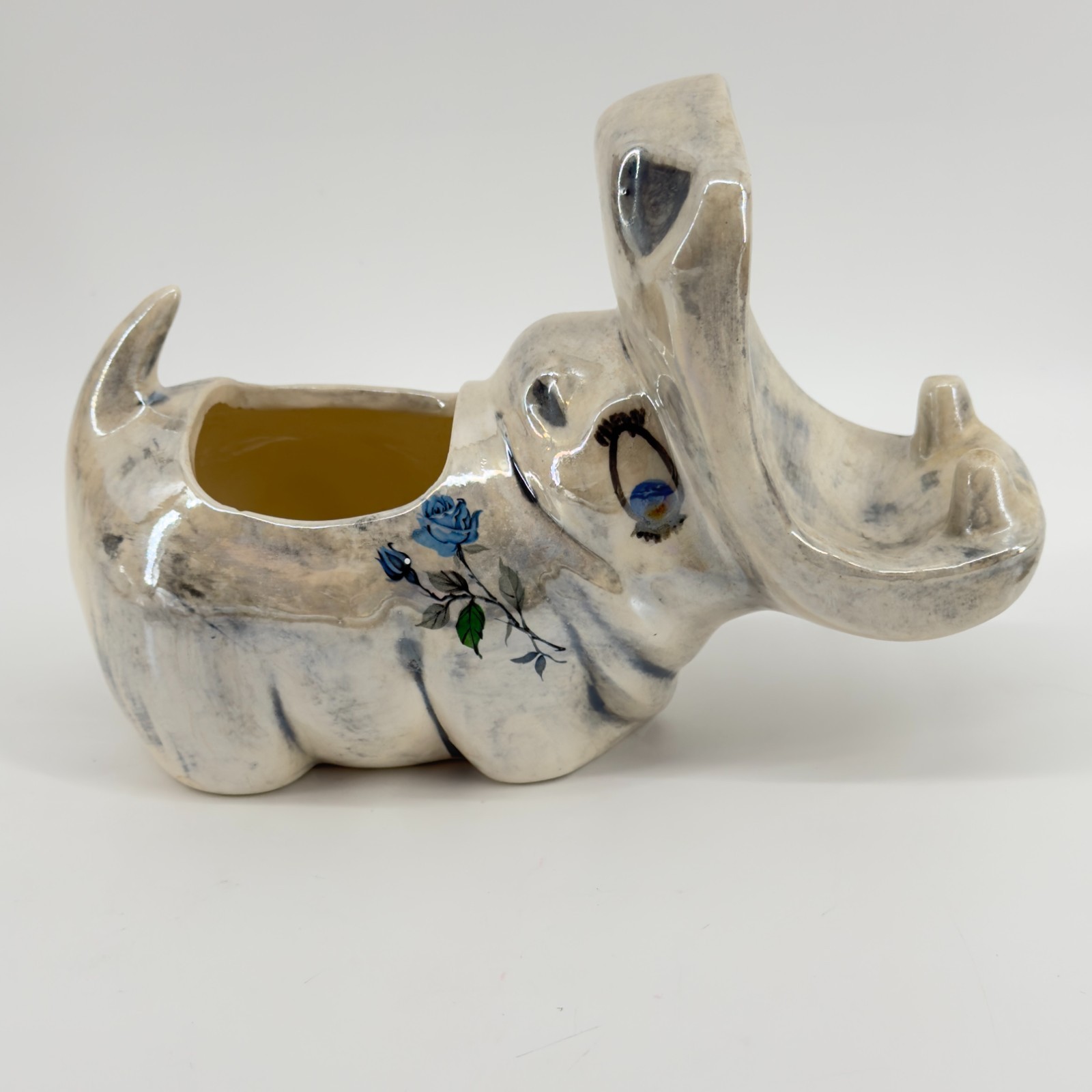 Vintage Hippopotamus Flower Pot Planter Blue Rose Decal Ceramic MCM Kitsch Vintage Hippopotamus Flower Pot Planter Blue Rose Decal Ceramic MCM Kitsch