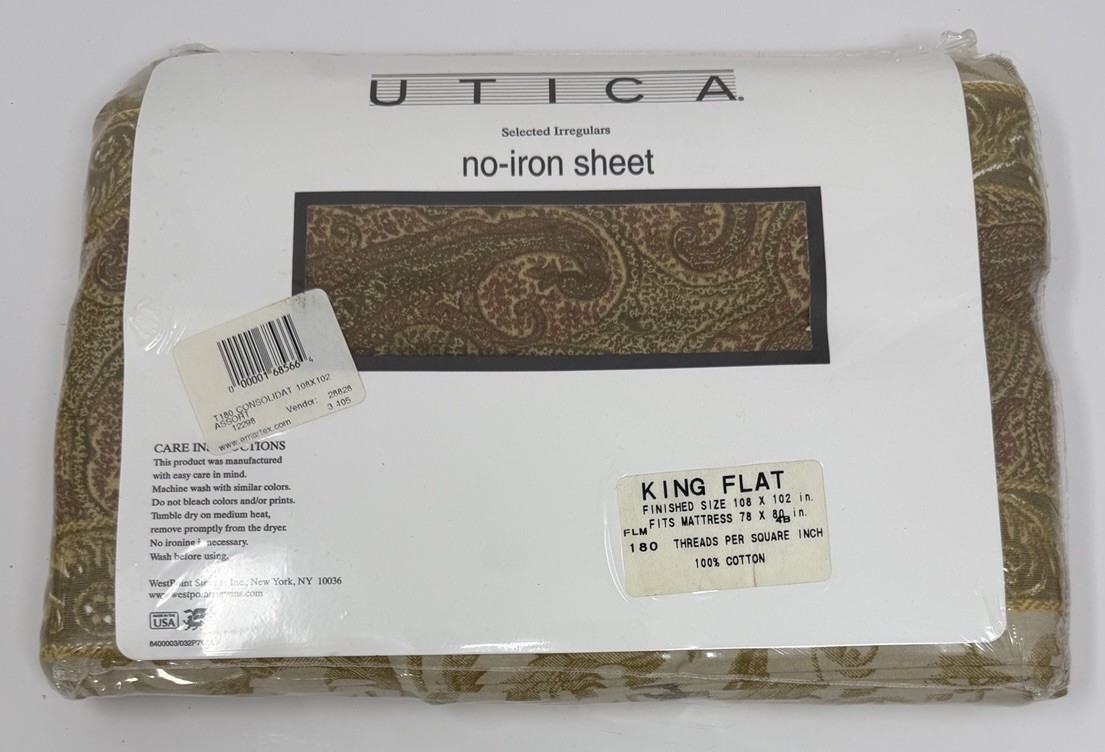 Vintage Utica King Flat Sheet No-Iron Paisley Scrolls Print