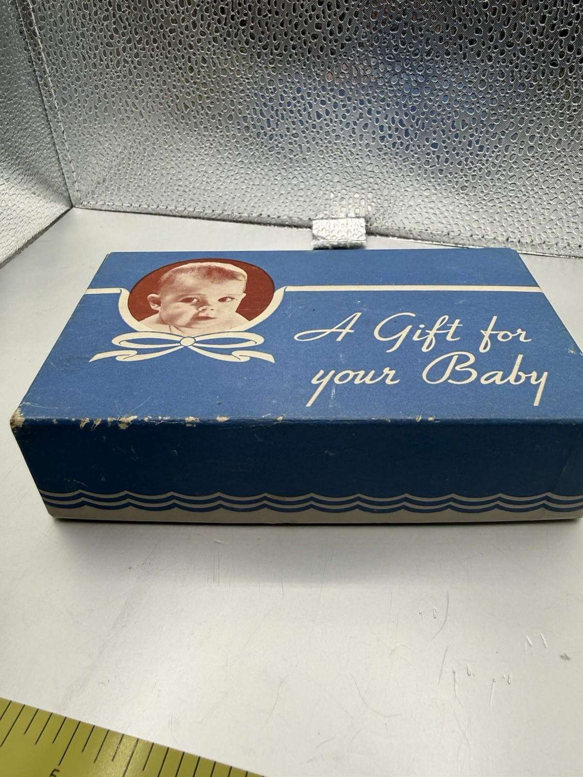 Vintage 1940s 1950s Baby Gift Box Empty Blue Cardboard Photo Nursery Ephemera