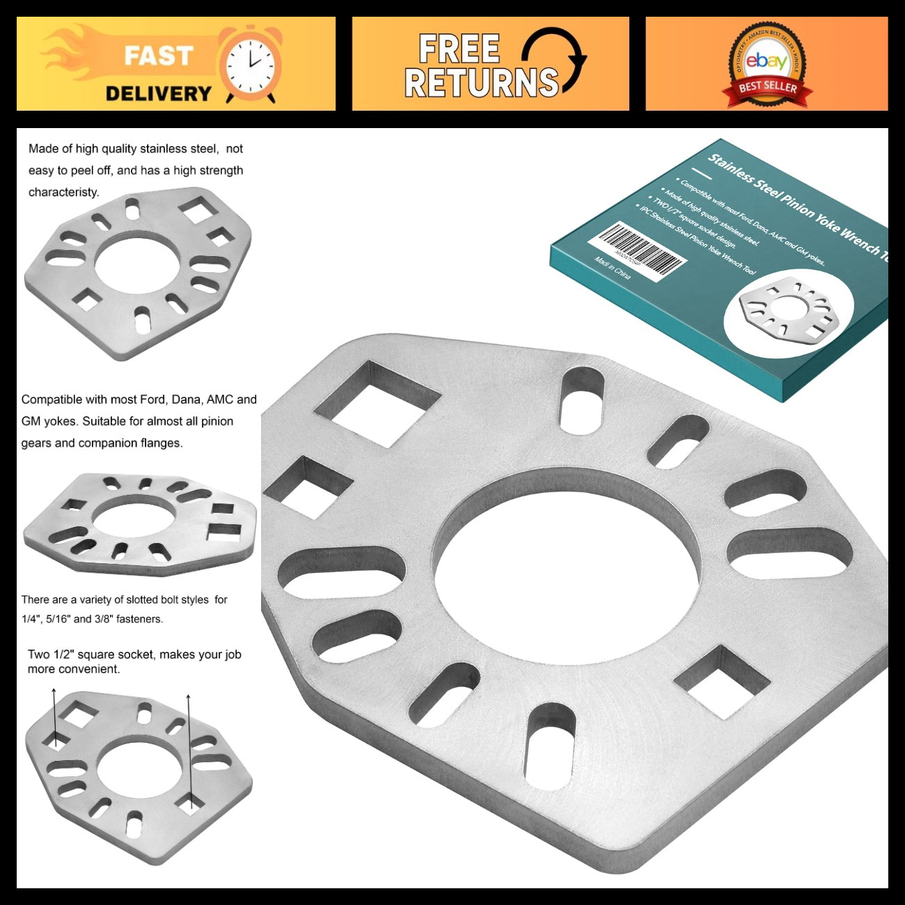 Stainless Steel Yoke Wrench Tool for Axles & Flanges, Fits Most Sockets, 1/2 Stainless Steel Yoke Wrench Tool for Axles & Flanges, Fits Most Sockets, 1/2