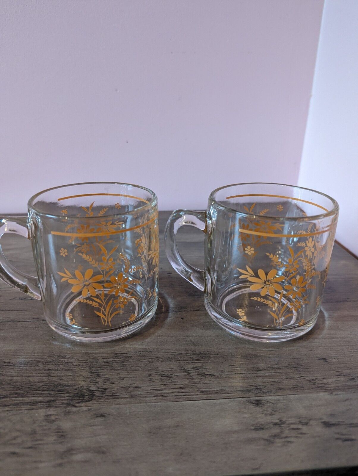 2 Vintage Libbey Clear Glass Daisy Floral Print Coffee Mug Tea Cups
