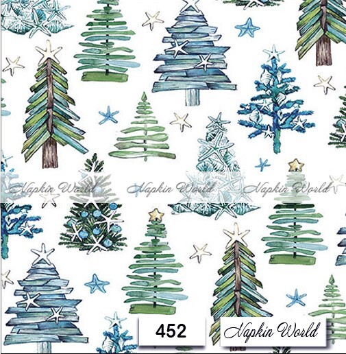 (452) TWO Paper LUNCHEON Decoupage Art Craft Napkins CHRISTMAS TREES BLUE GREEN (452) TWO Paper LUNCHEON Decoupage Art Craft Napkins CHRISTMAS TREES BLUE GREEN