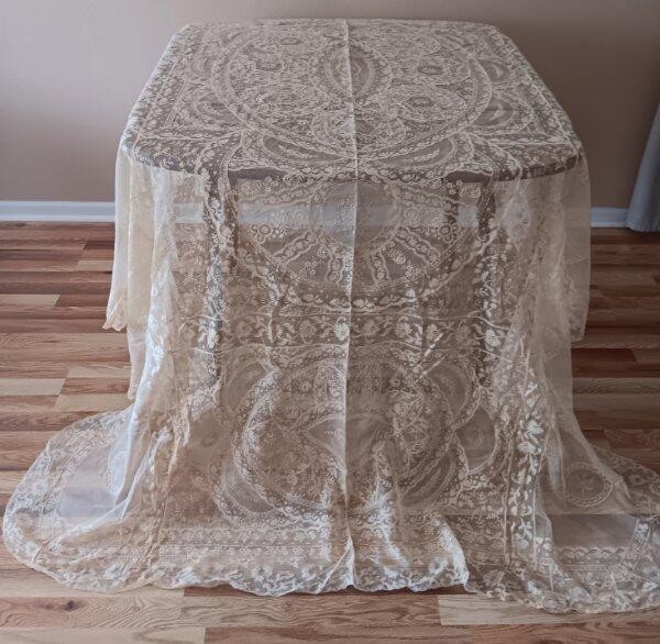 Antique Normandy Mixed Lace Tablecloth Coverlet France Tag Unused 94 Antique Normandy Mixed Lace Tablecloth Coverlet France Tag Unused 94