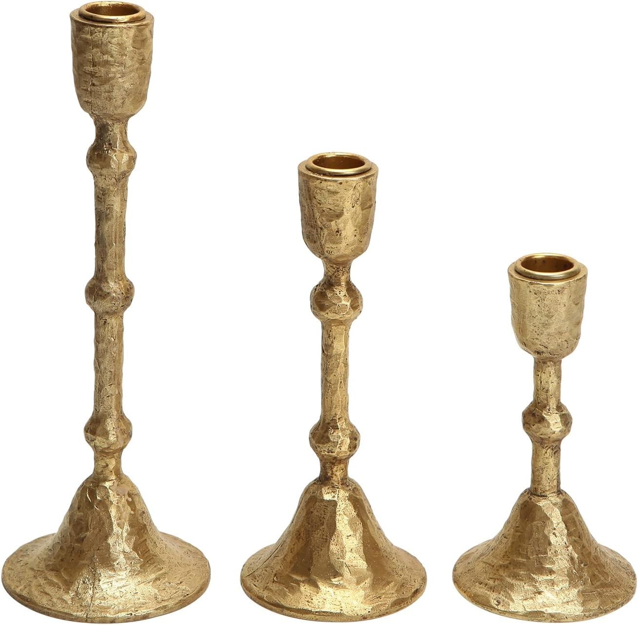 Vintage Elegant Gold Hammered Taper Candle Holders Set of 3 Classic Decorative